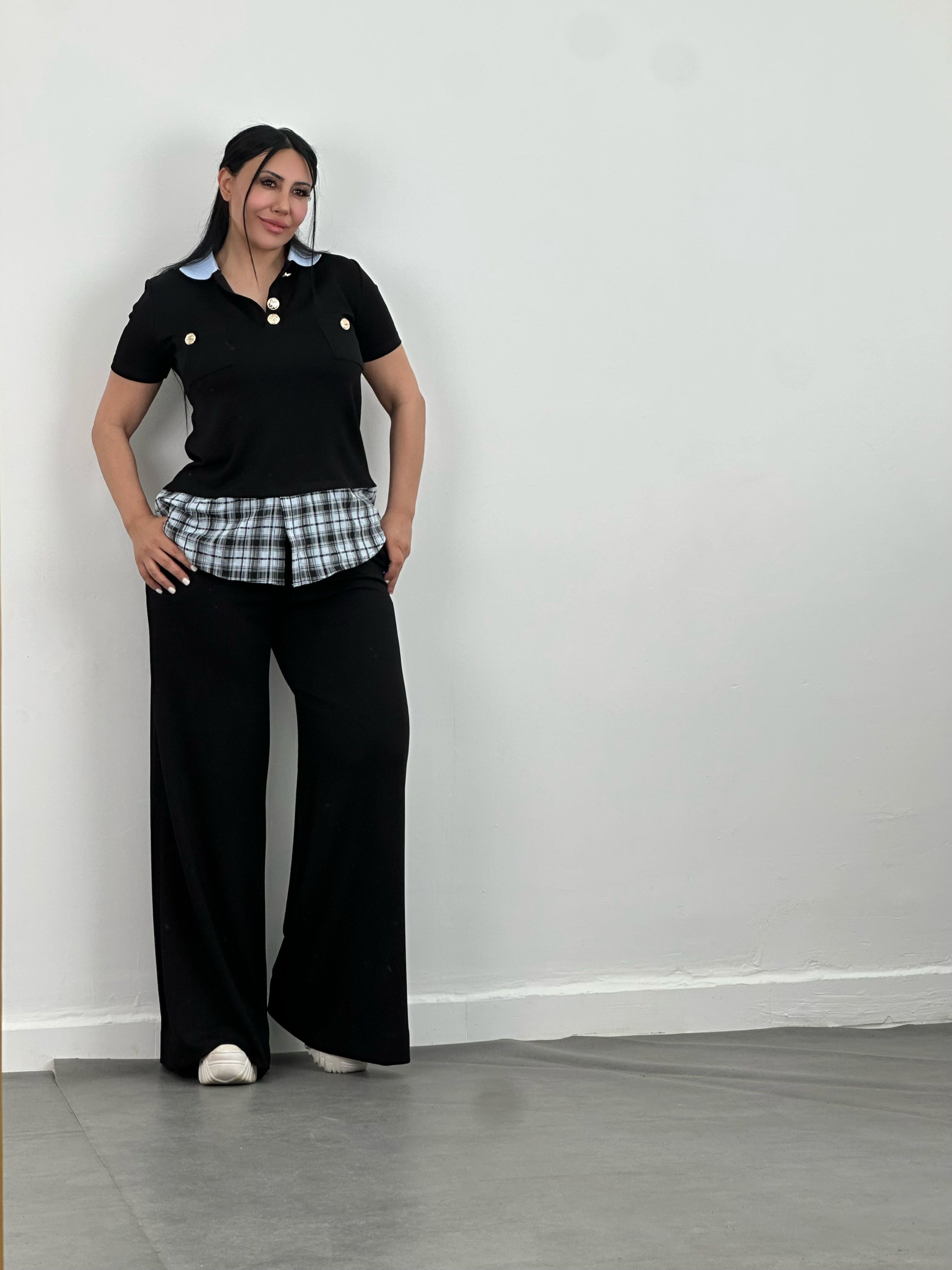 Gömlek Detaylı Polo Yaka Bluz & Bol Paça Pantolon Takım