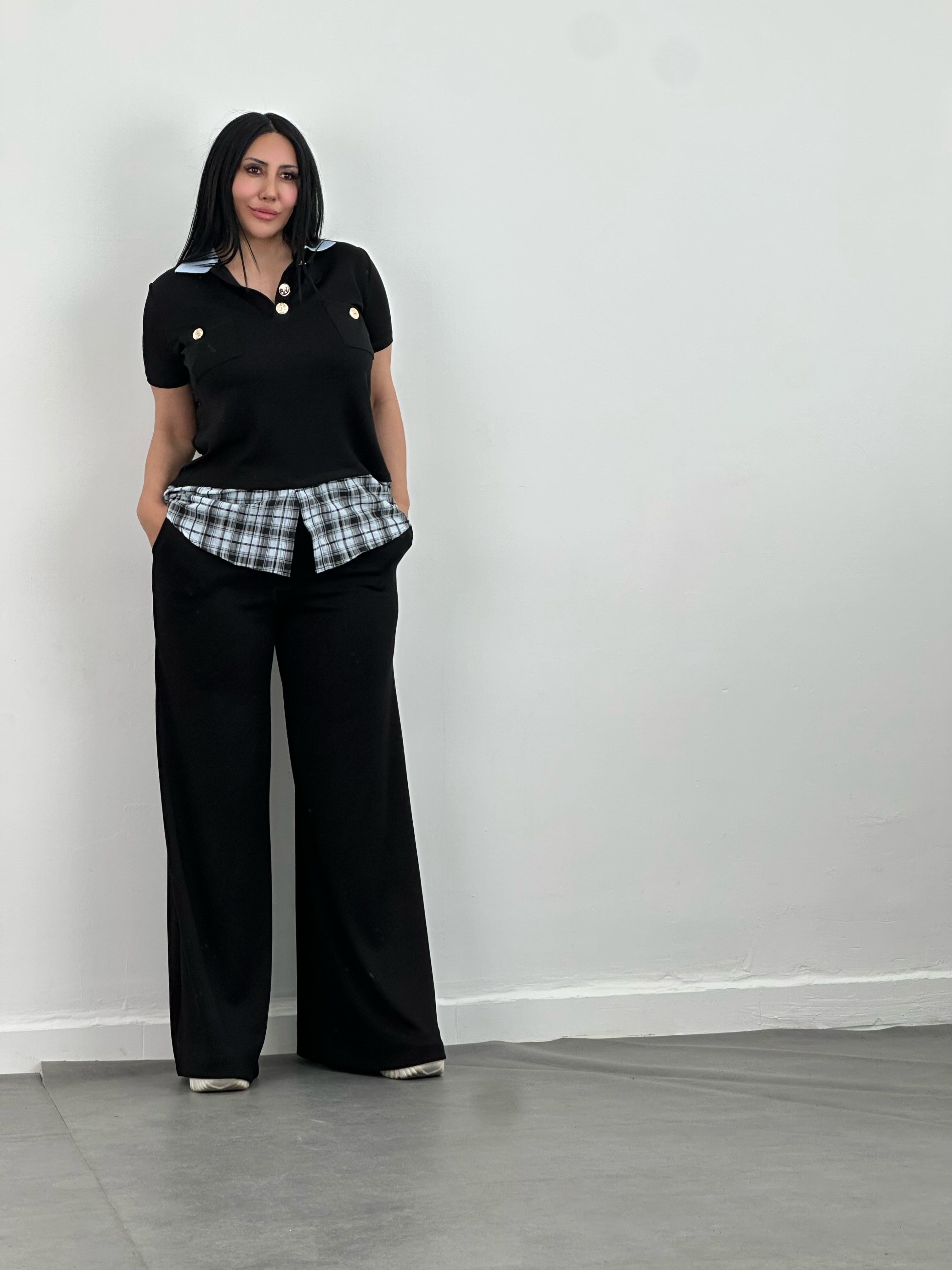 Gömlek Detaylı Polo Yaka Bluz & Bol Paça Pantolon Takım