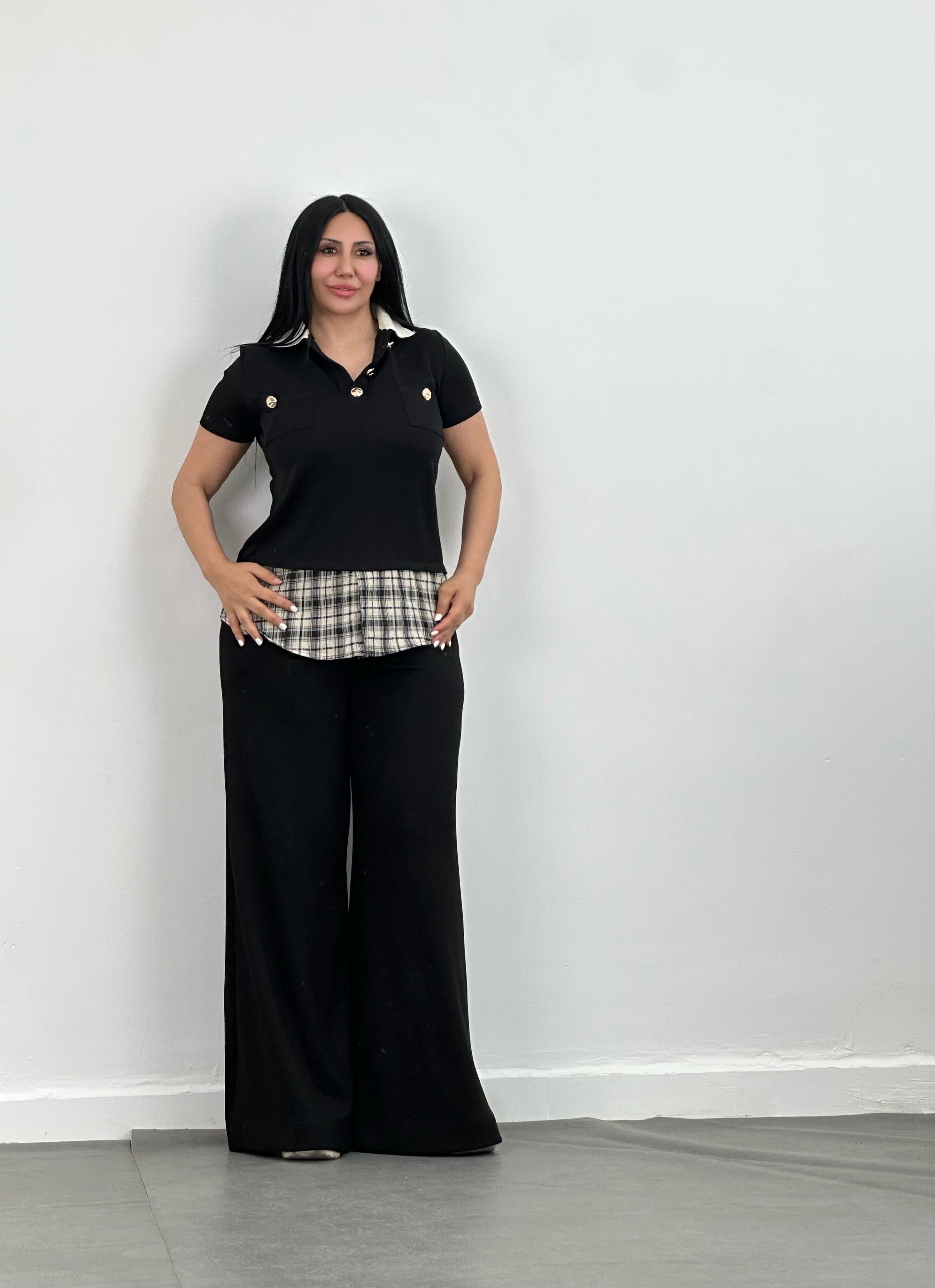 Gömlek Detaylı Polo Yaka Bluz & Bol Paça Pantolon Takım
