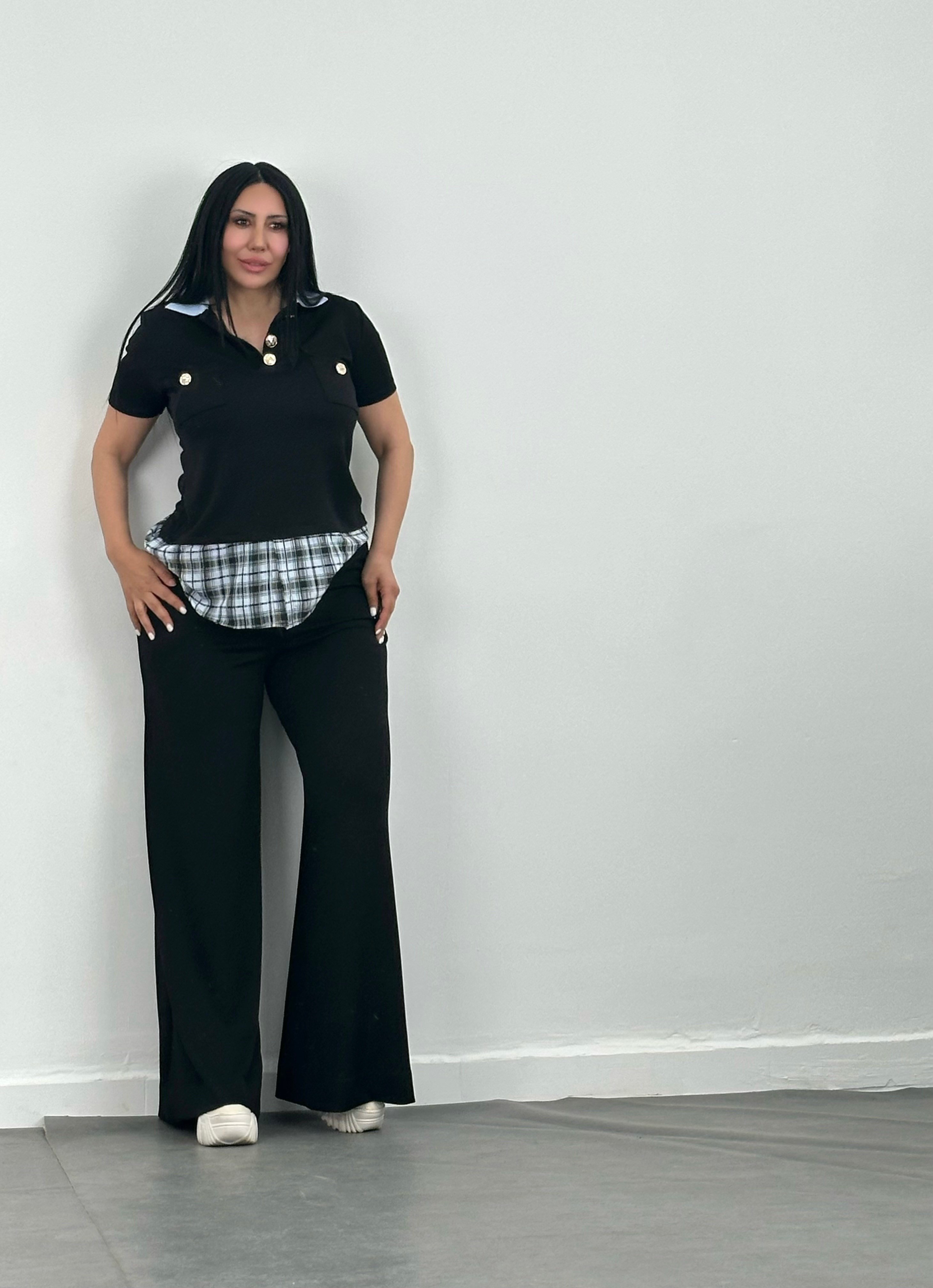 Gömlek Detaylı Polo Yaka Bluz & Bol Paça Pantolon Takım