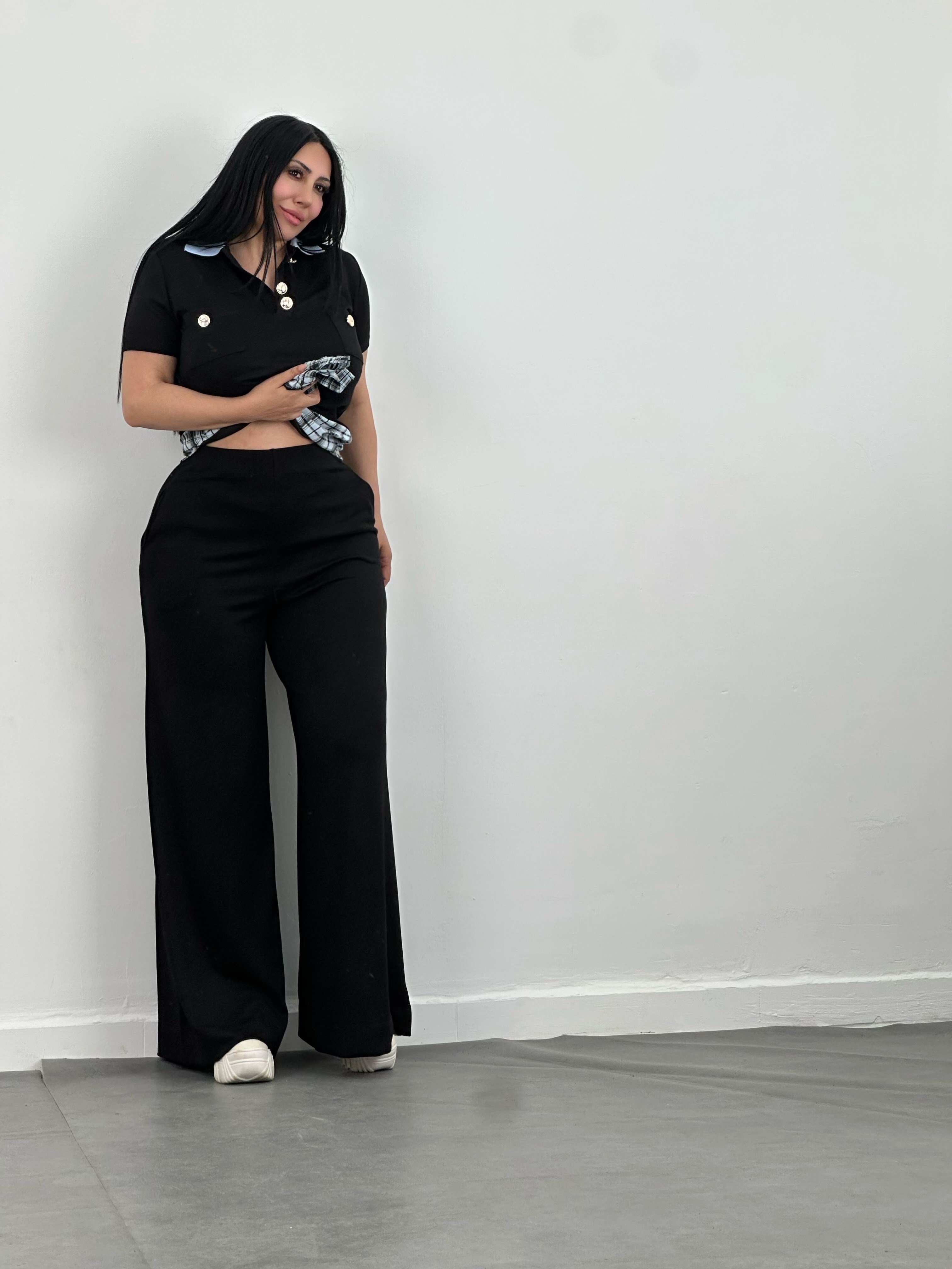 Gömlek Detaylı Polo Yaka Bluz & Bol Paça Pantolon Takım