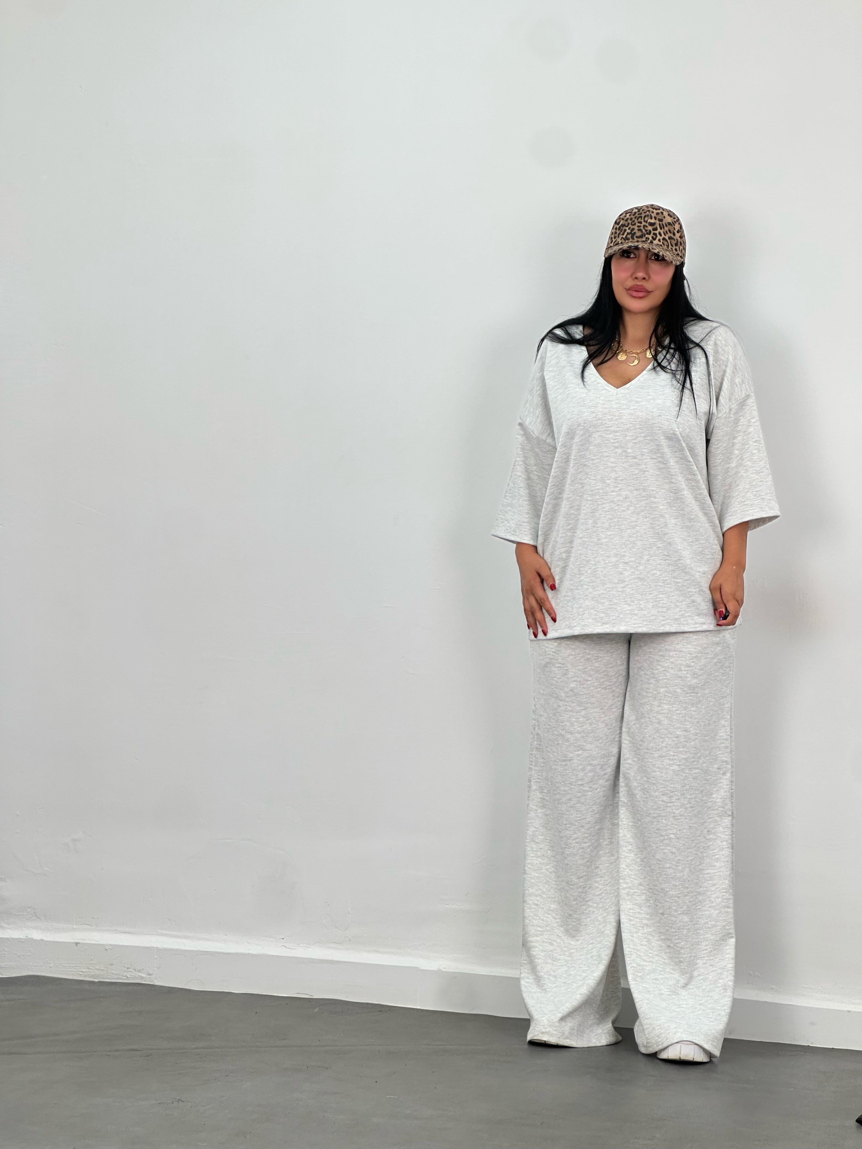 Gri V Yaka Oversize Modal Takım