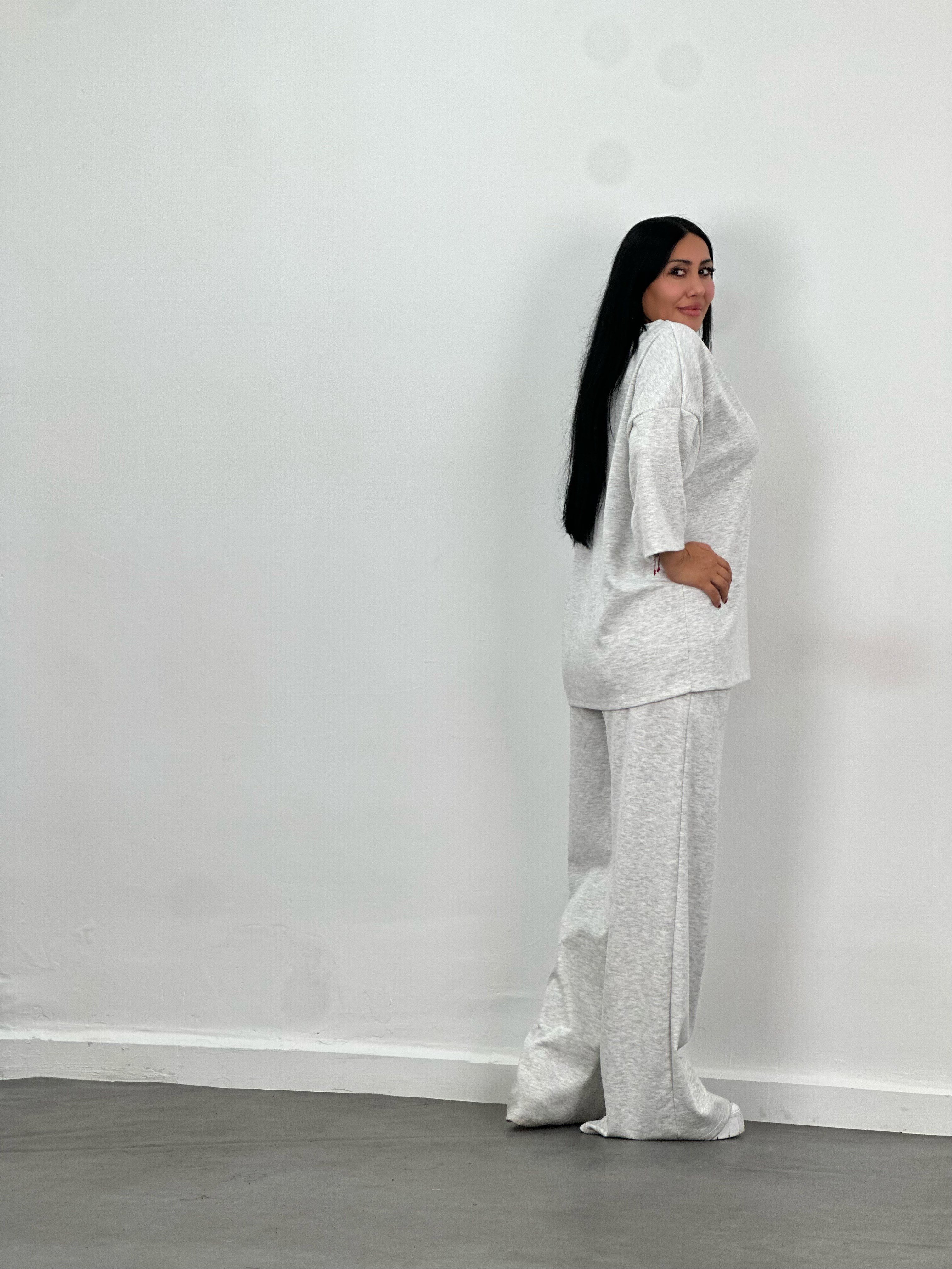 Gri V Yaka Oversize Modal Takım