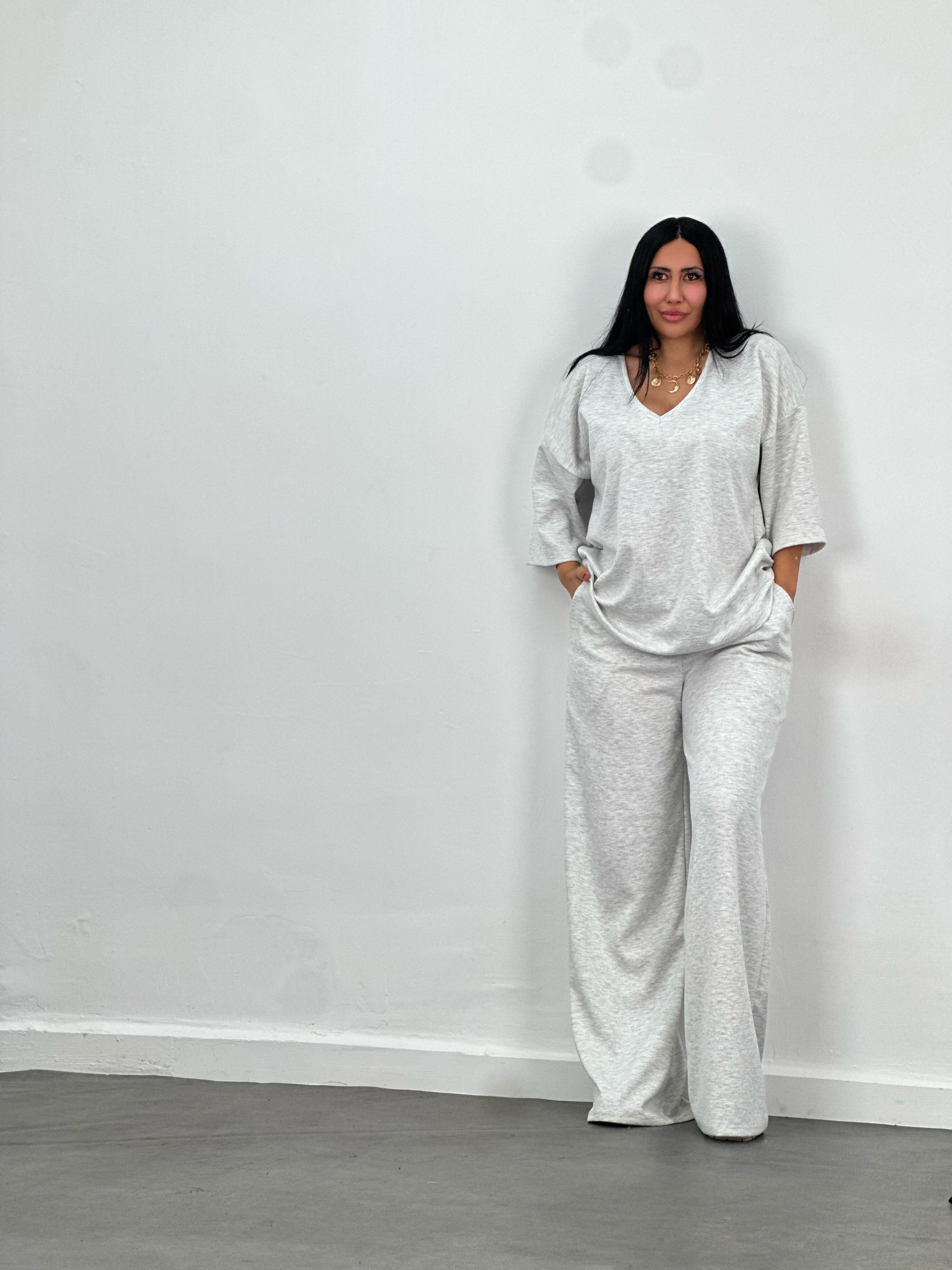 Gri V Yaka Oversize Modal Takım
