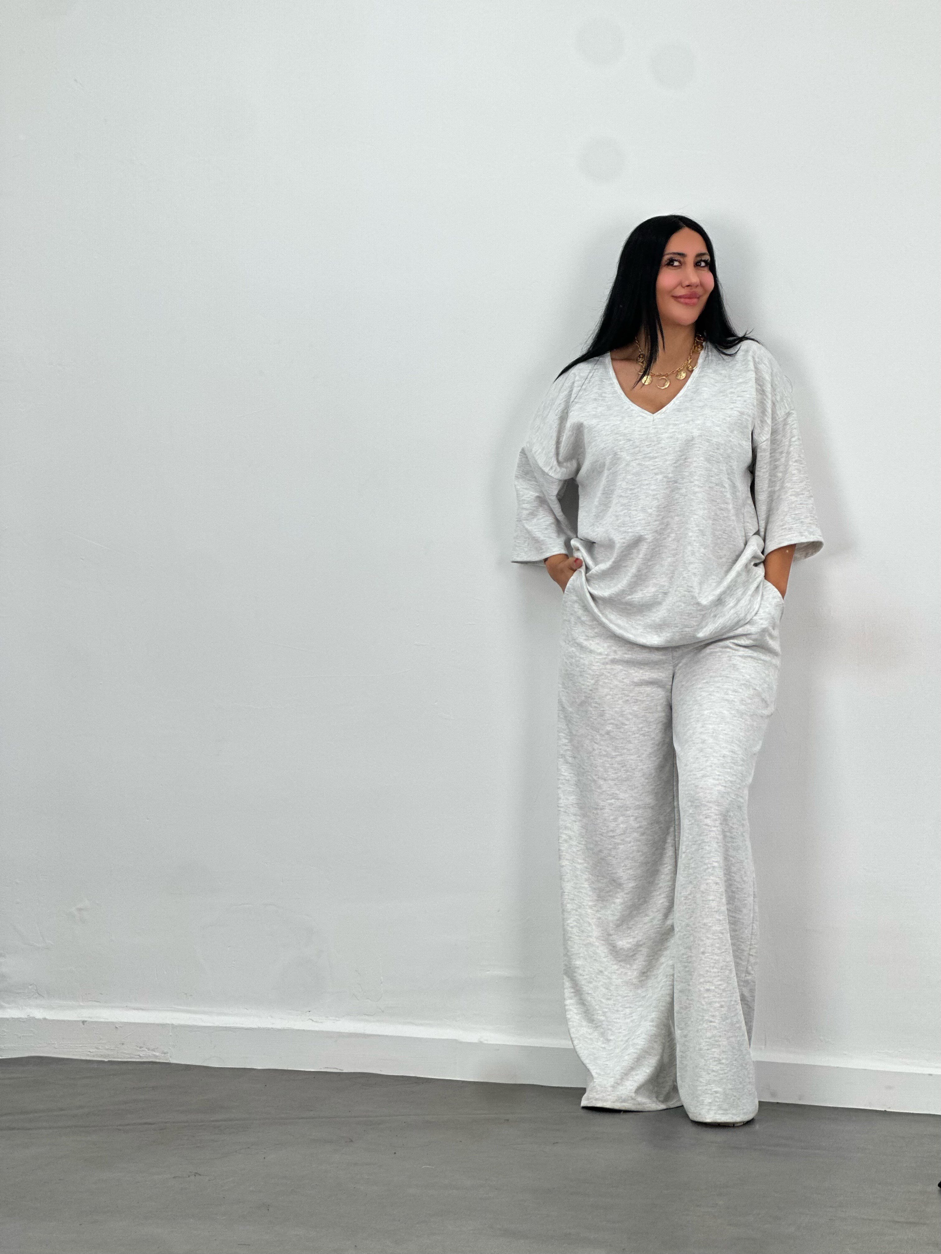 Gri V Yaka Oversize Modal Takım