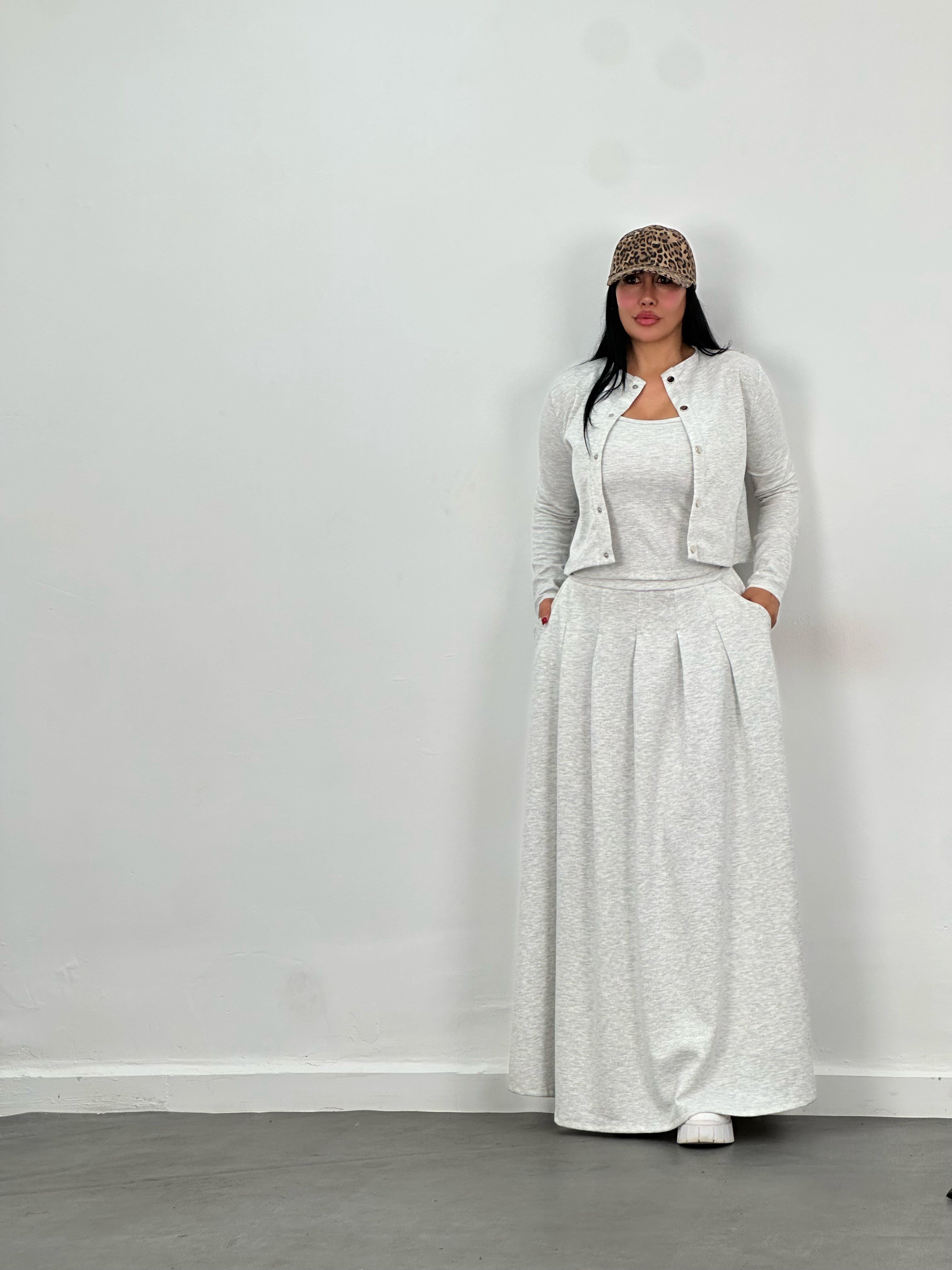Hırka, Bluz & Pileli Maxi Etek 3'lü Takım – Gri