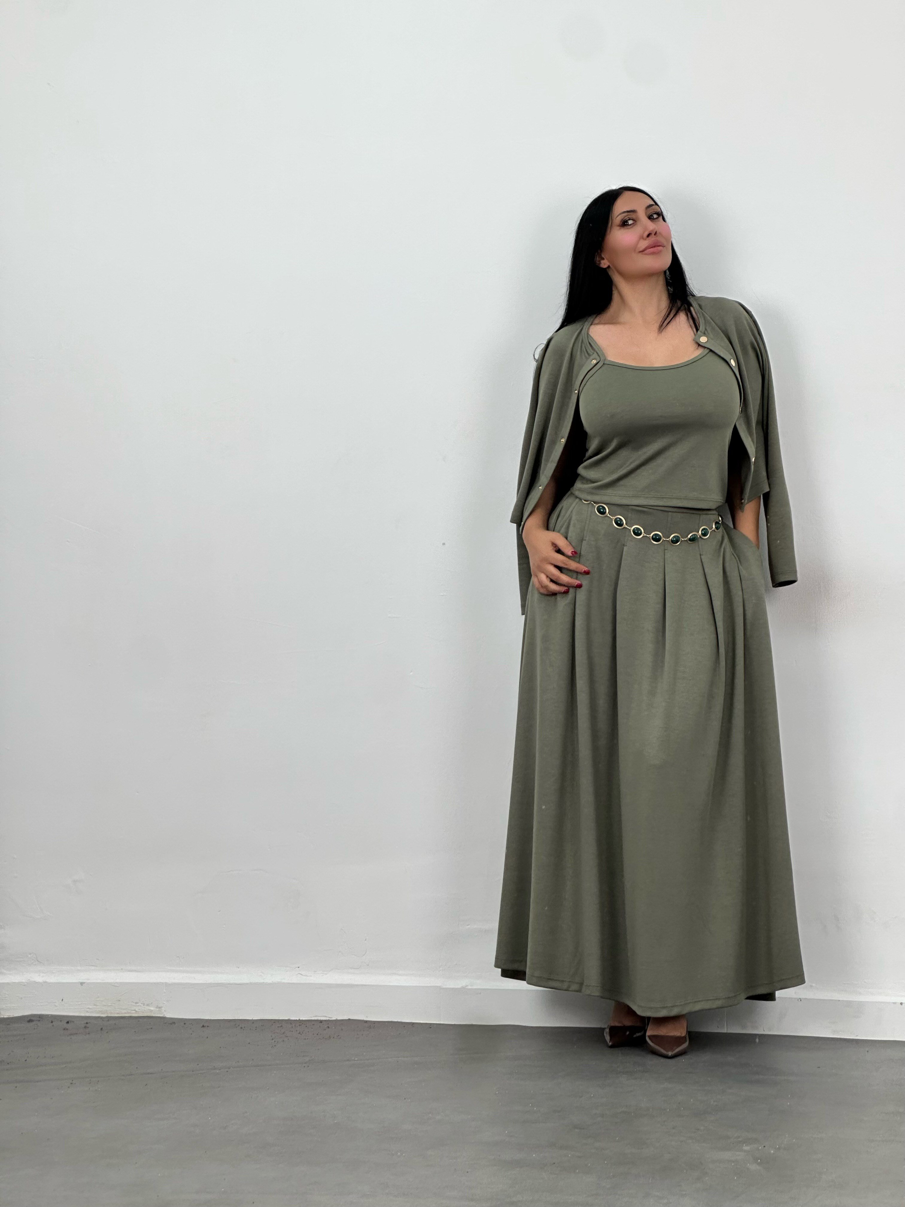 Hırka, Bluz & Pileli Maxi Etek 3'lü Takım