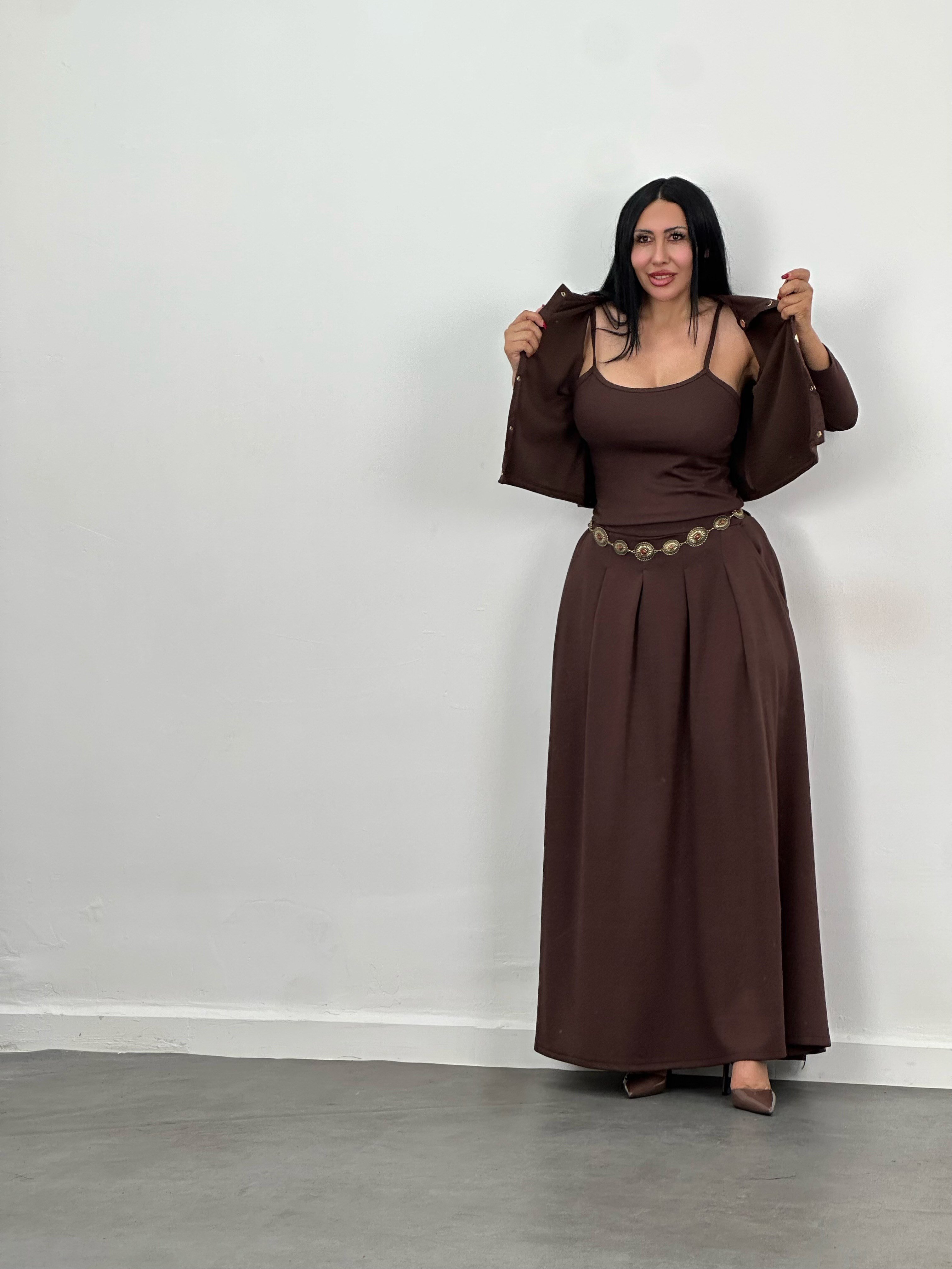 Hırka, Bluz & Pileli Maxi Etek 3'lü Takım