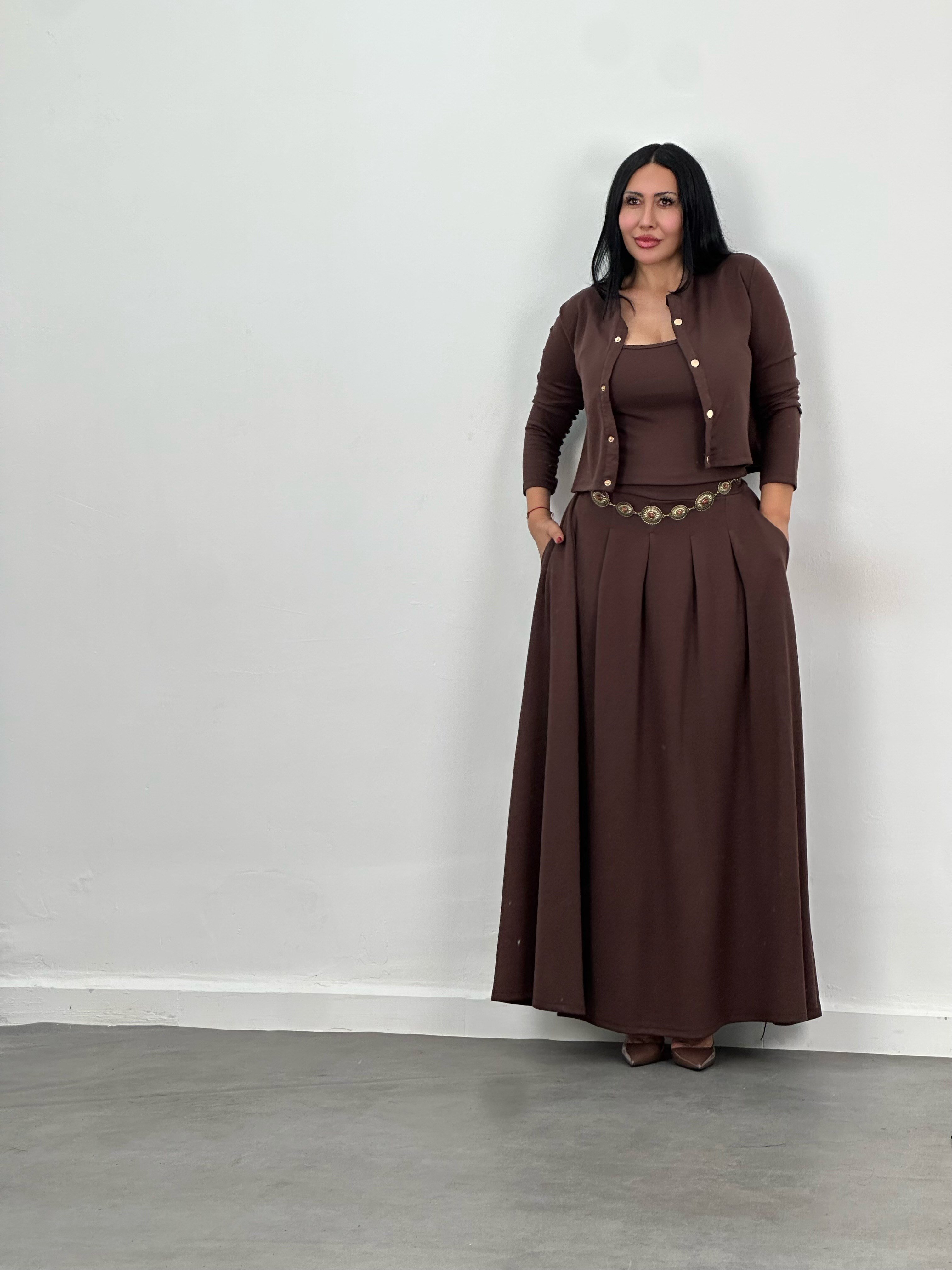 Hırka, Bluz & Pileli Maxi Etek 3'lü Takım