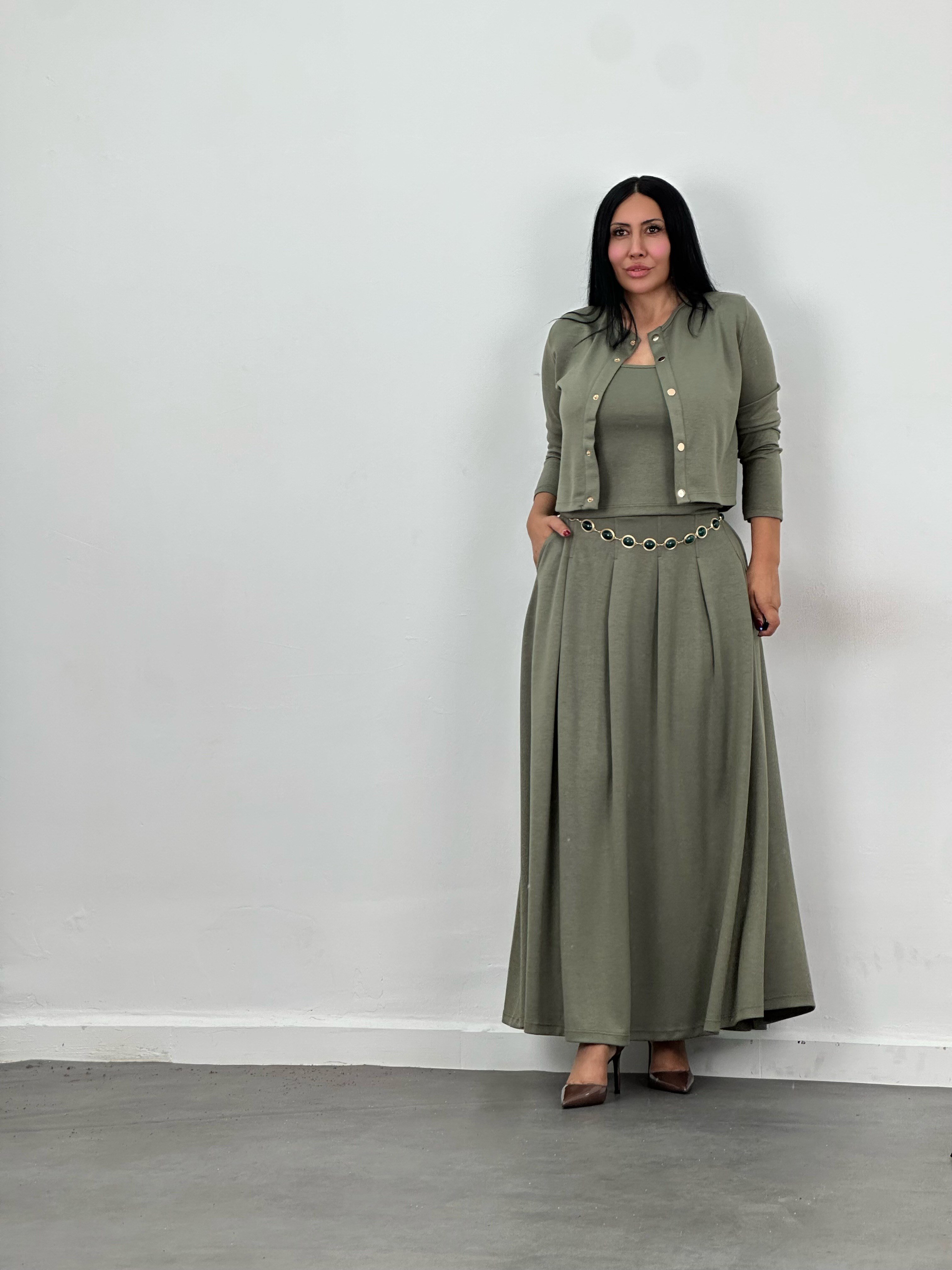 Hırka, Bluz & Pileli Maxi Etek 3'lü Takım