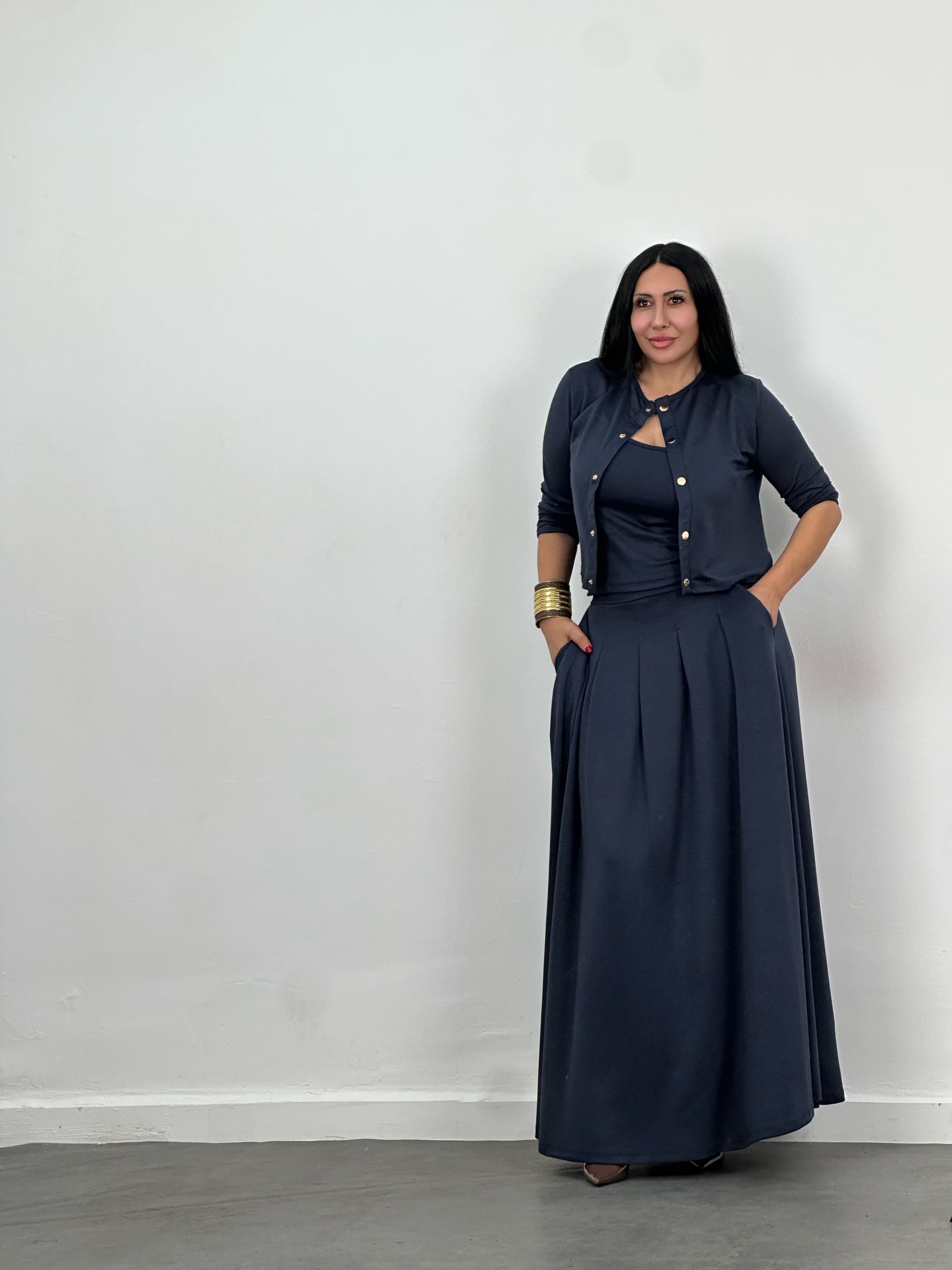 Hırka, Bluz & Pileli Maxi Etek 3'lü Takım