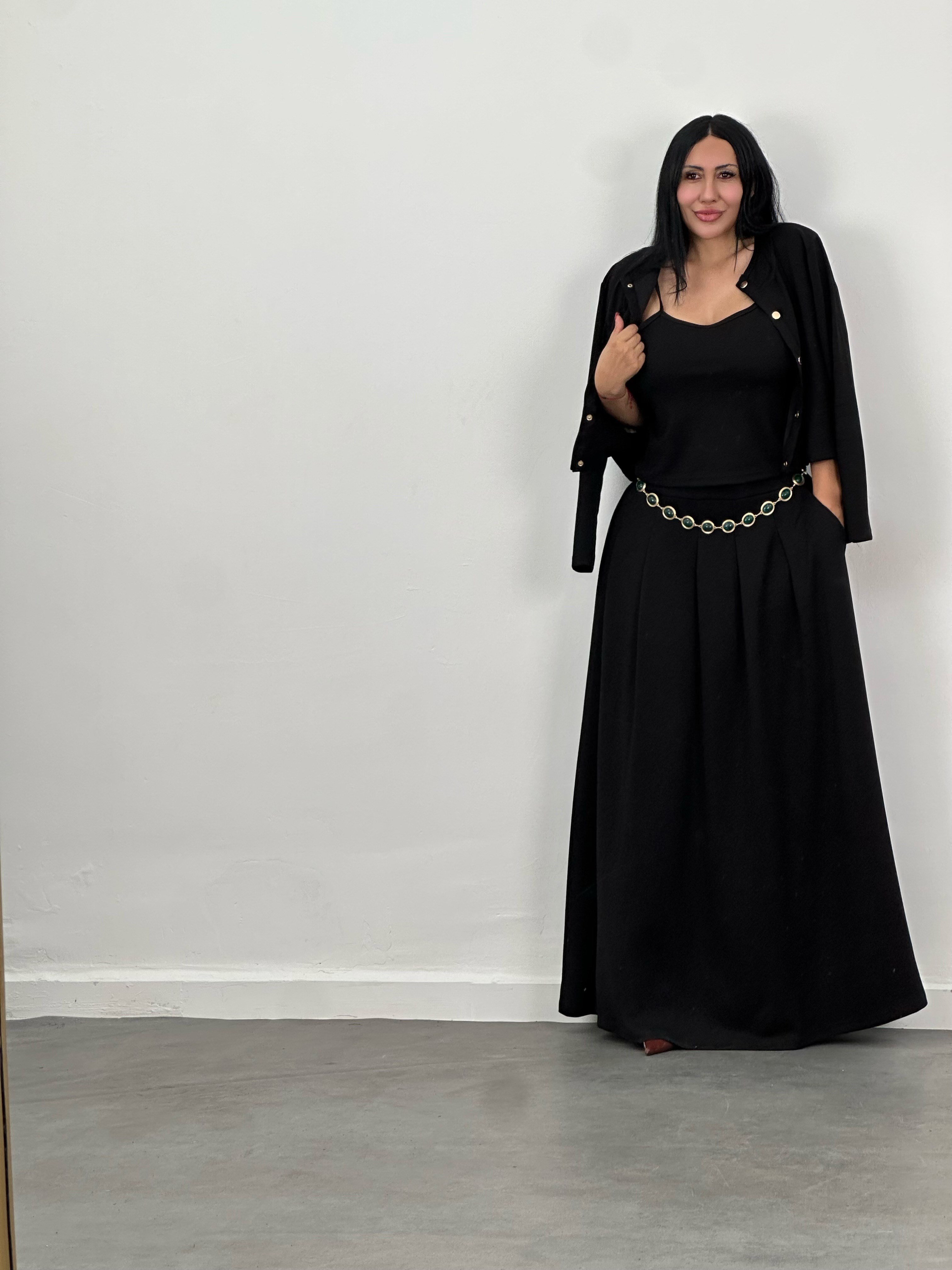 Hırka, Bluz & Pileli Maxi Etek 3'lü Takım