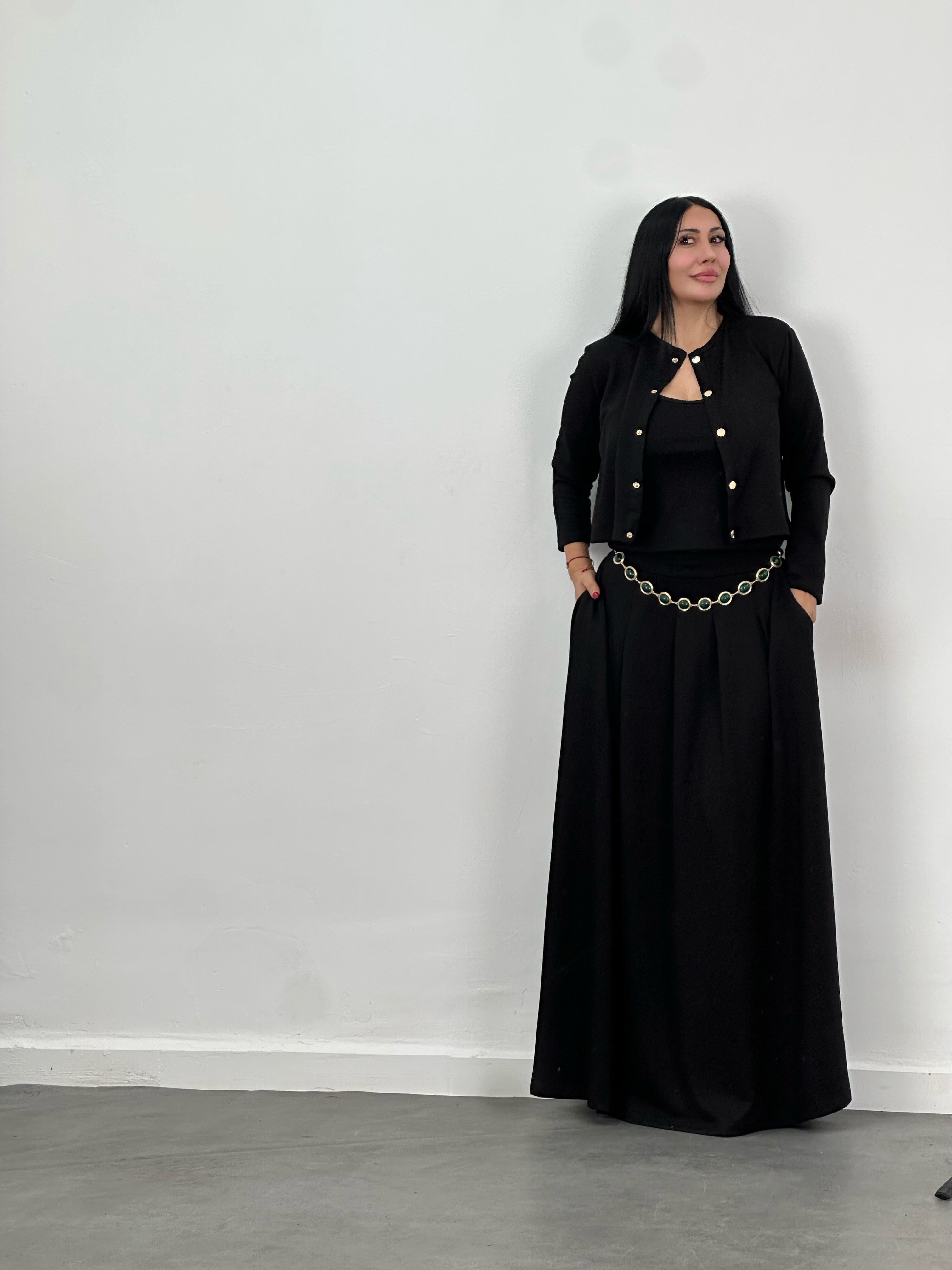 Hırka, Bluz & Pileli Maxi Etek 3'lü Takım