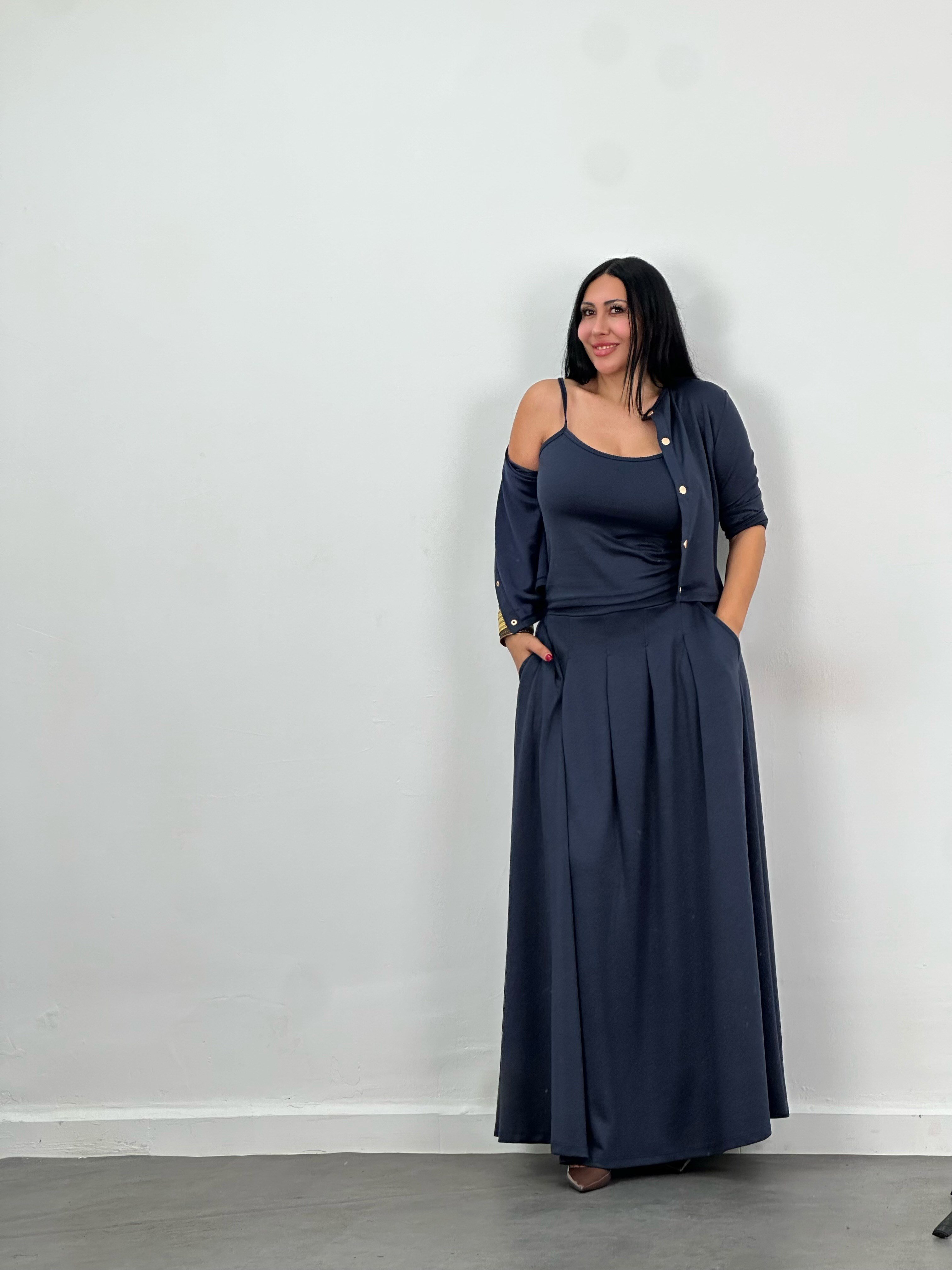 Hırka, Bluz & Pileli Maxi Etek 3'lü Takım