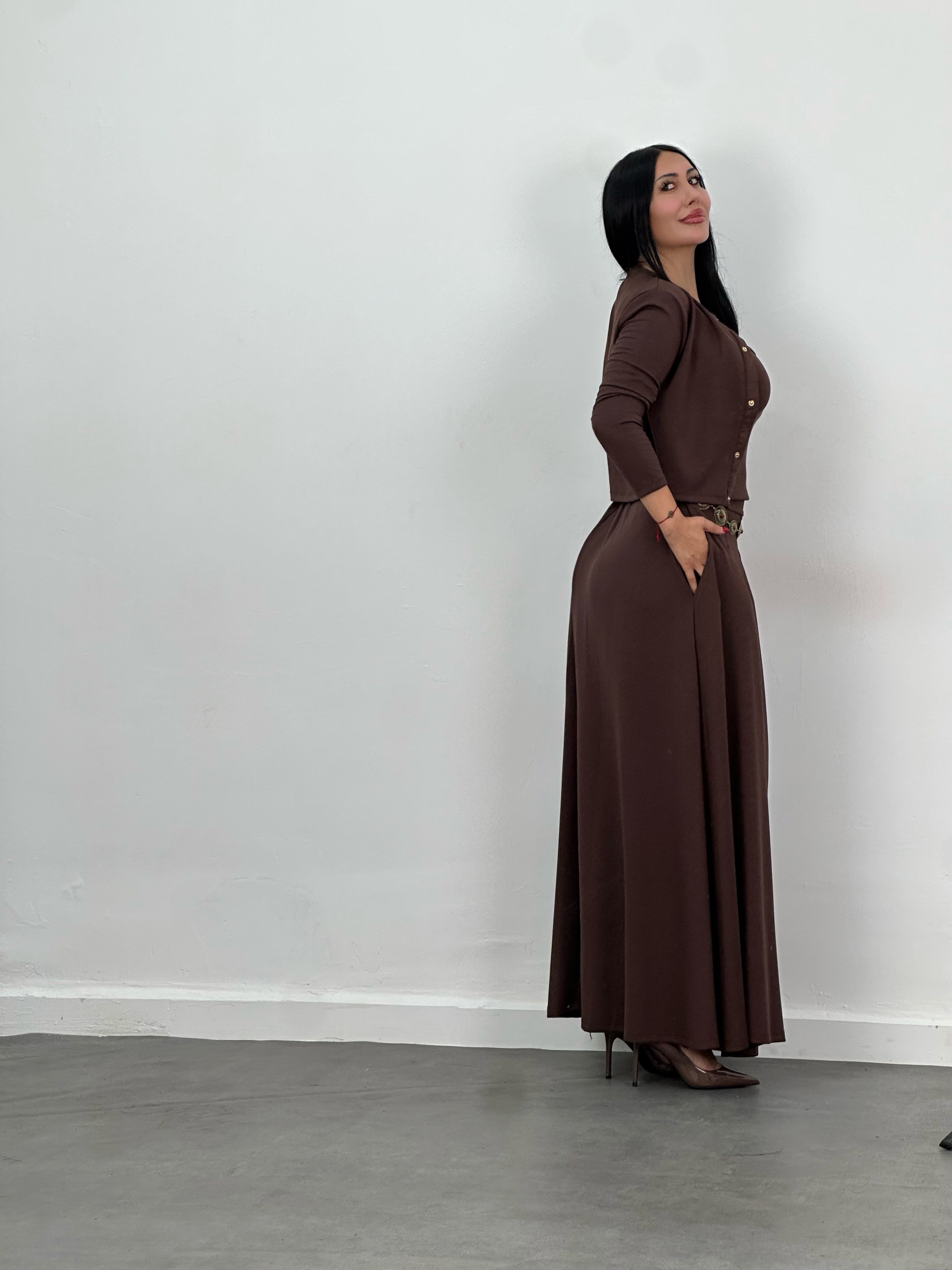 Hırka, Bluz & Pileli Maxi Etek 3'lü Takım