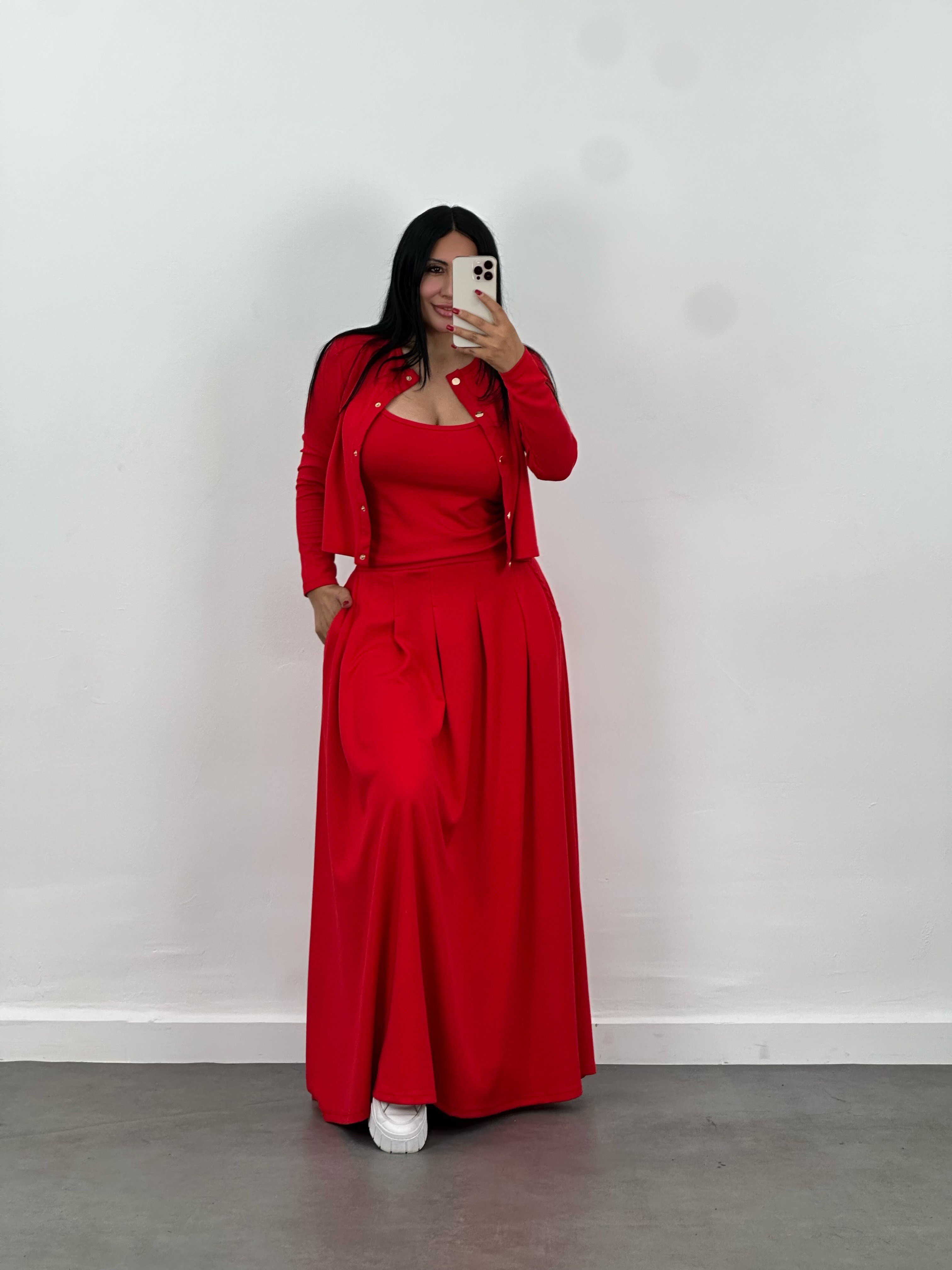 Hırka, Bluz & Pileli Maxi Etek 3'lü Takım
