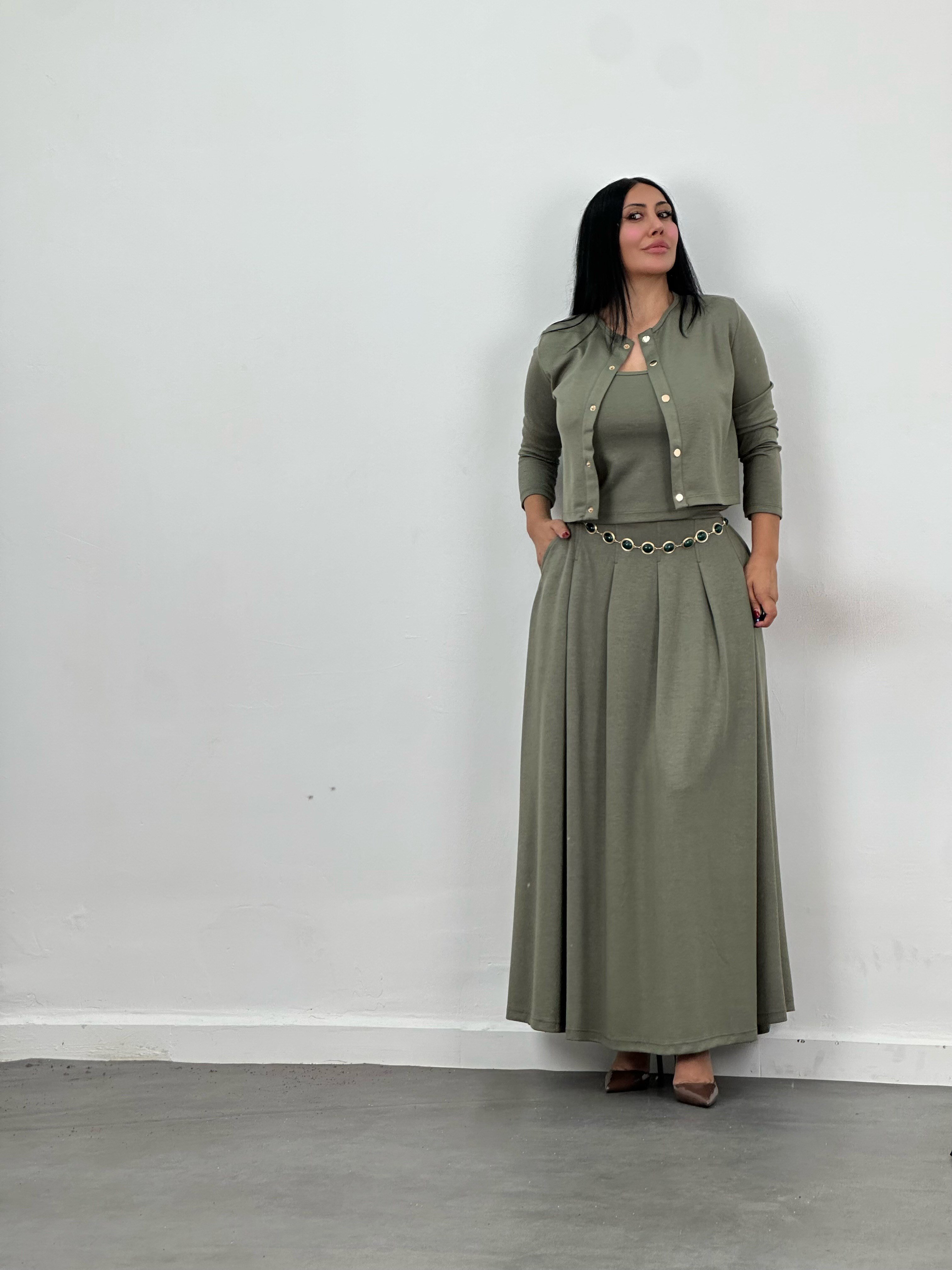 Hırka, Bluz & Pileli Maxi Etek 3'lü Takım