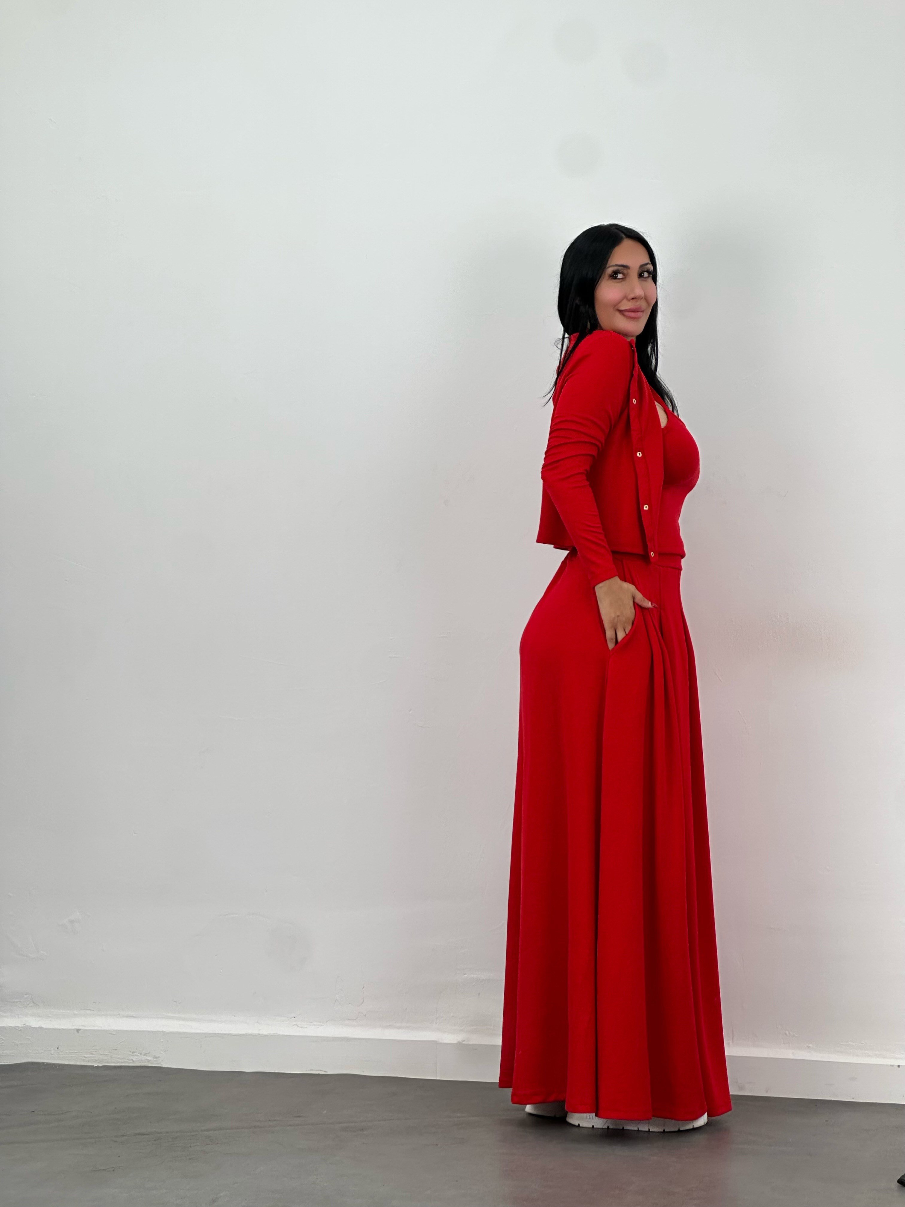 Hırka, Bluz & Pileli Maxi Etek 3'lü Takım