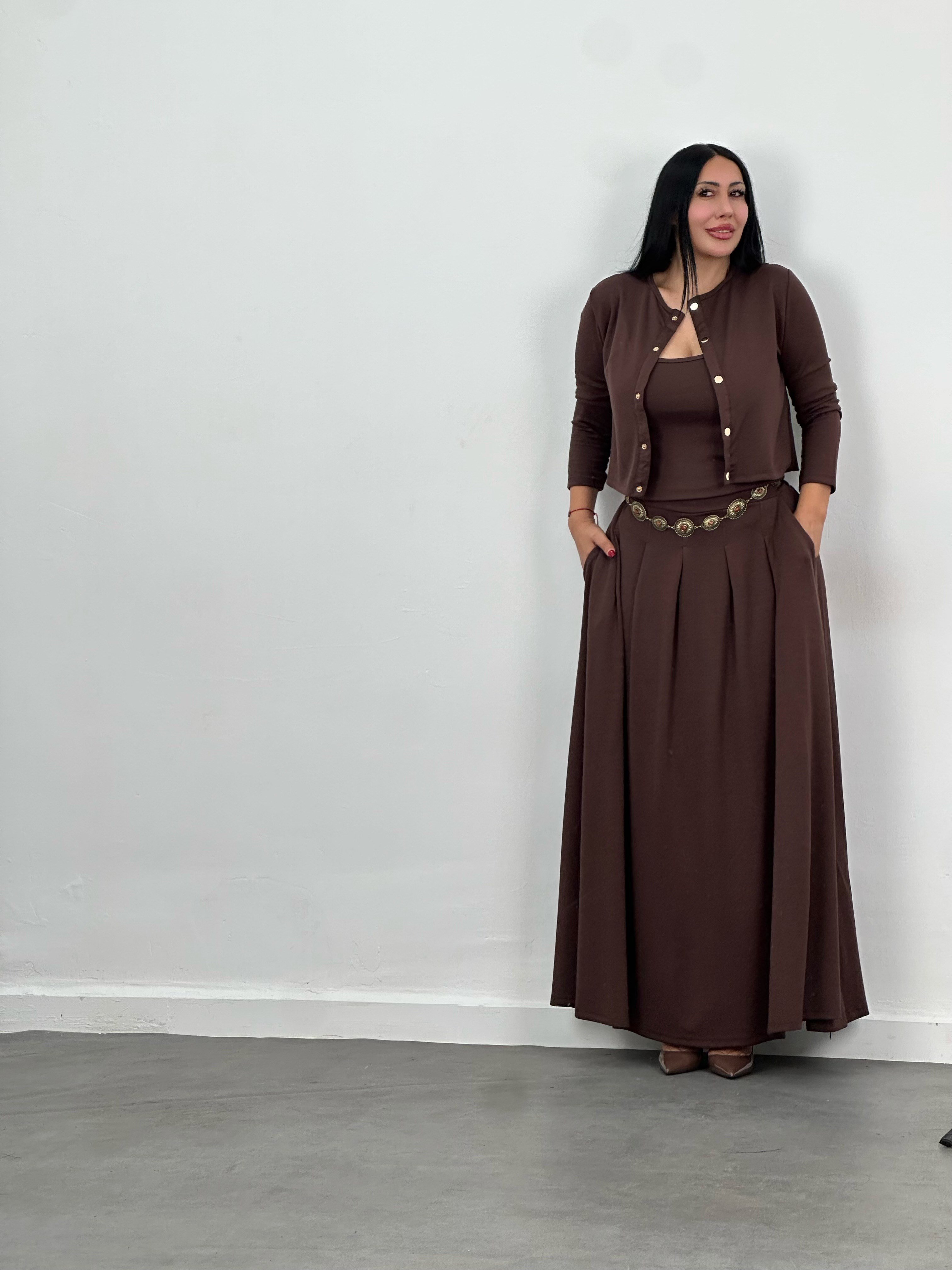 Hırka, Bluz & Pileli Maxi Etek 3'lü Takım