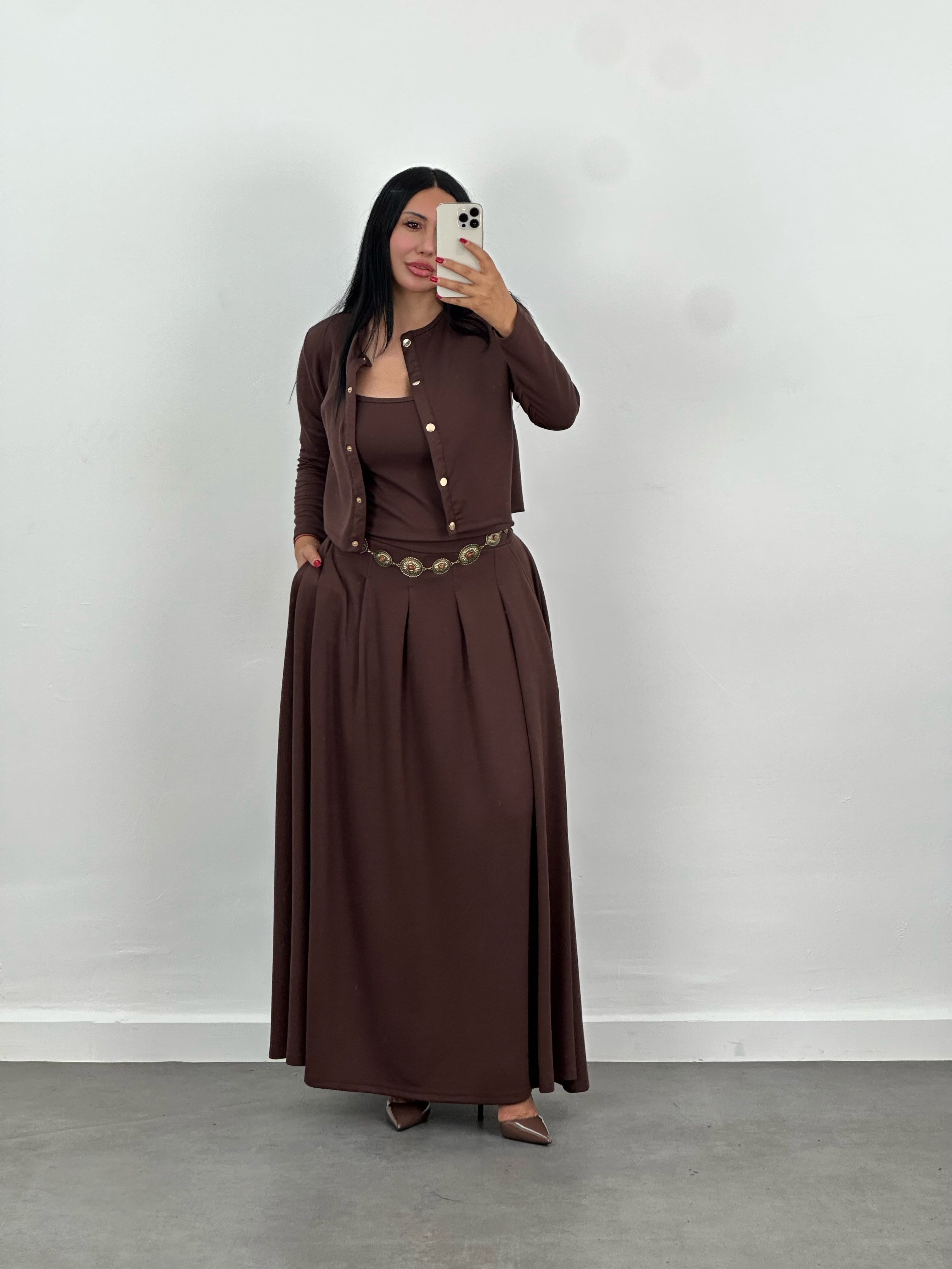 Hırka, Bluz & Pileli Maxi Etek 3'lü Takım