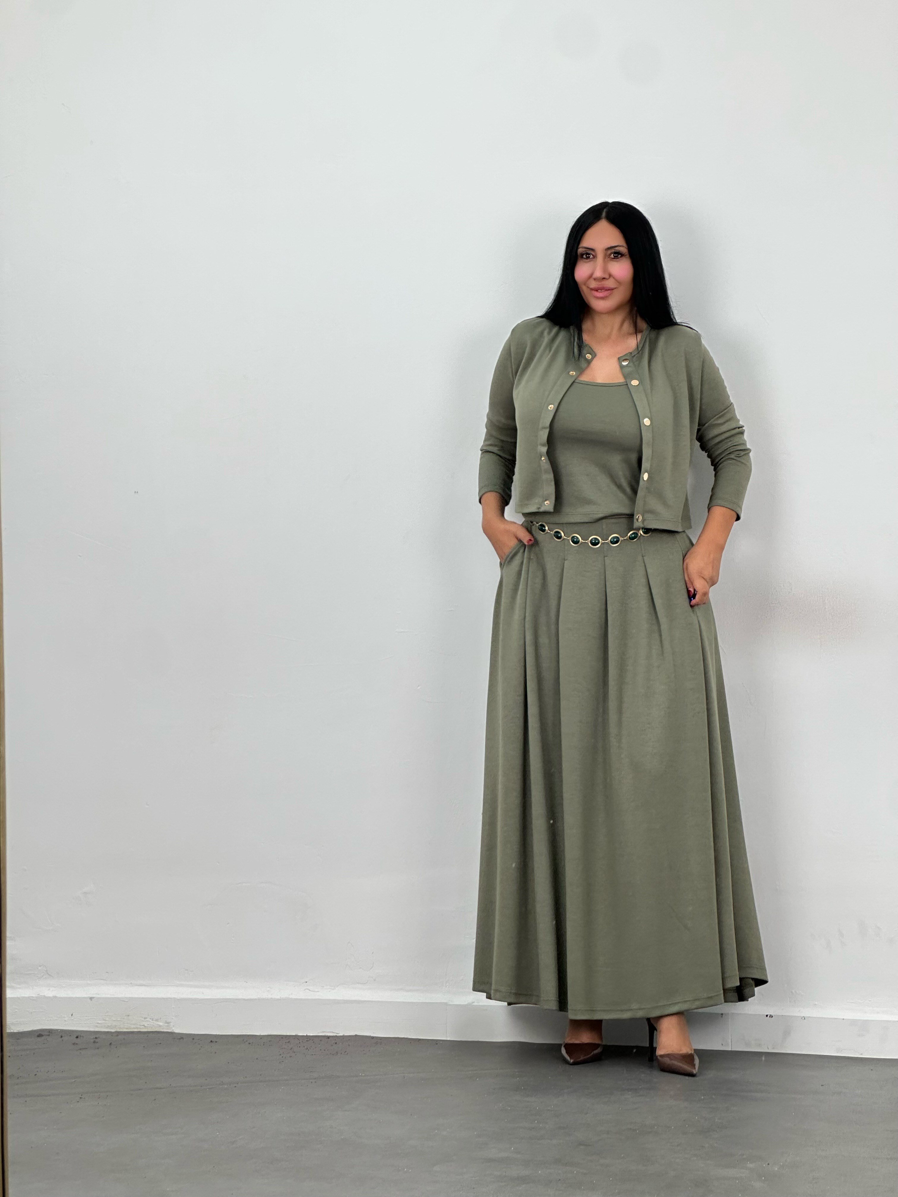 Hırka, Bluz & Pileli Maxi Etek 3'lü Takım