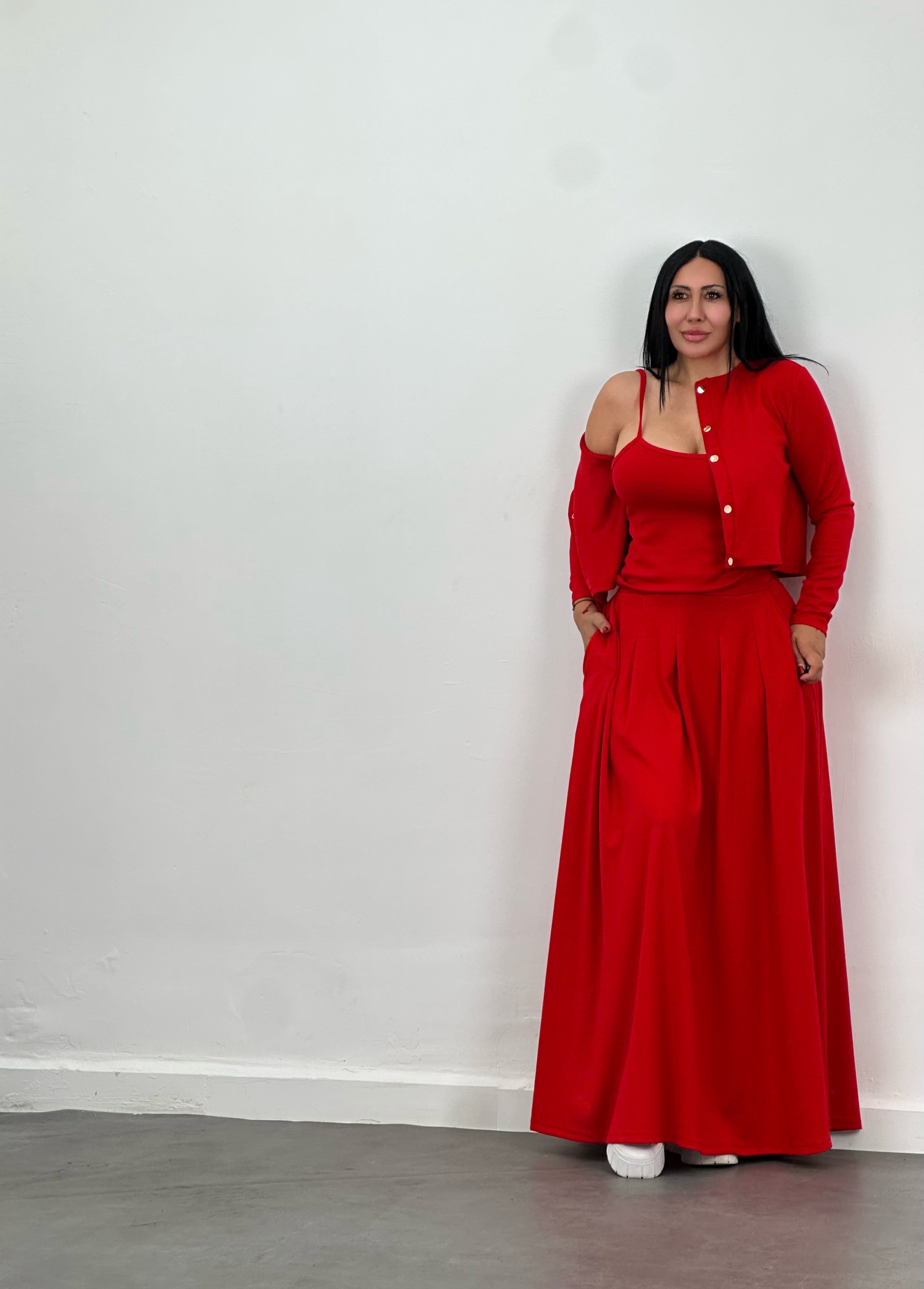 Hırka, Bluz & Pileli Maxi Etek 3'lü Takım