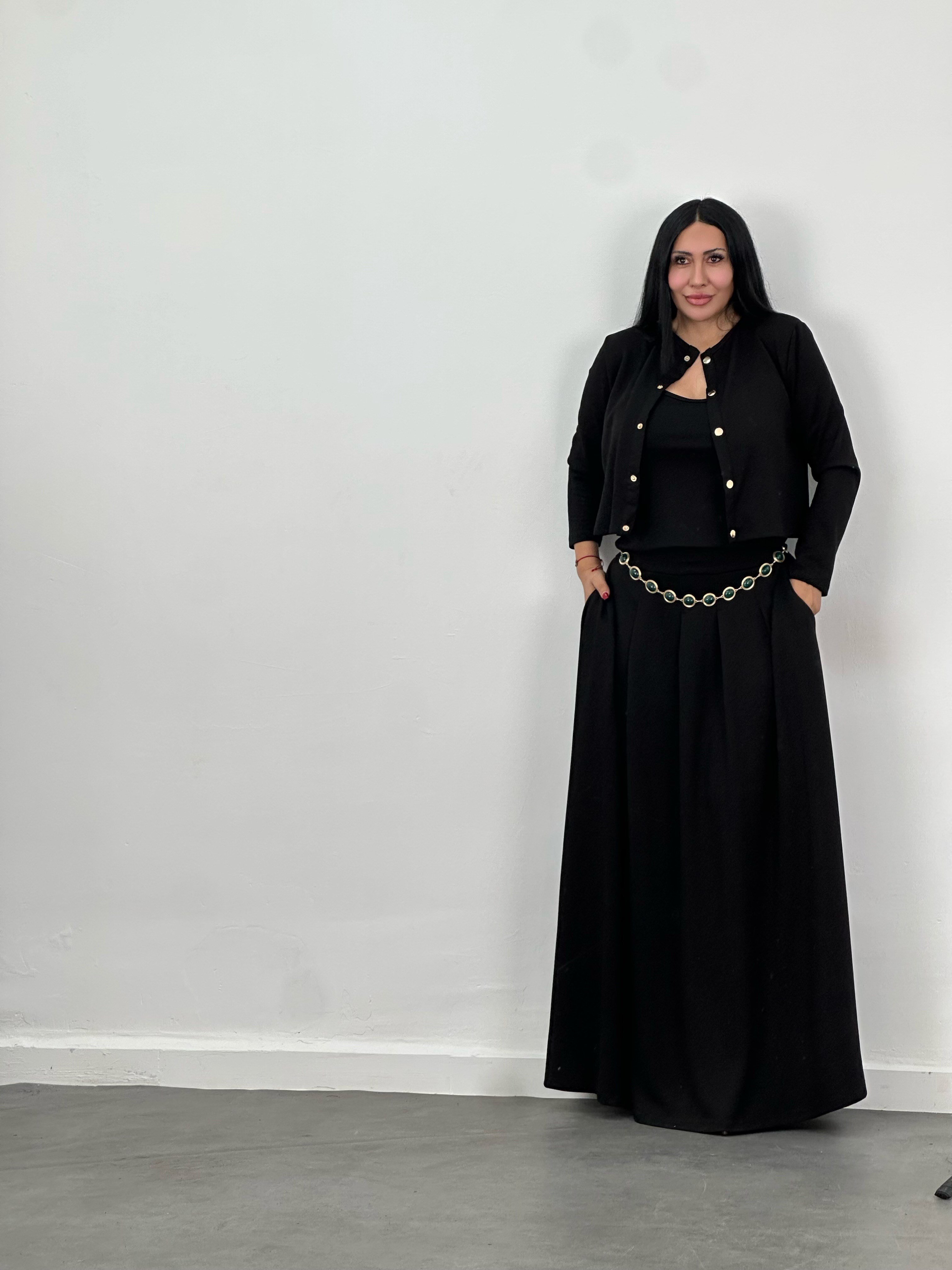 Hırka, Bluz & Pileli Maxi Etek 3'lü Takım