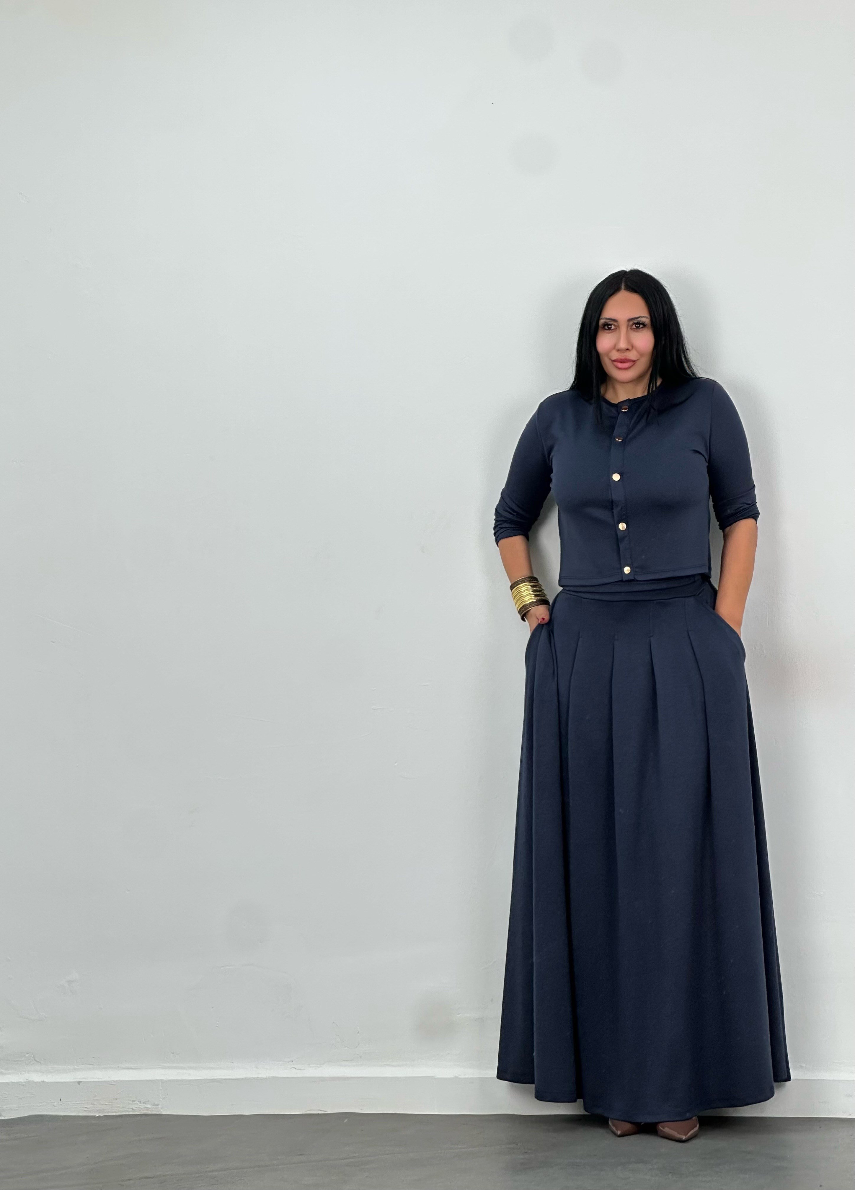 Hırka, Bluz & Pileli Maxi Etek 3'lü Takım