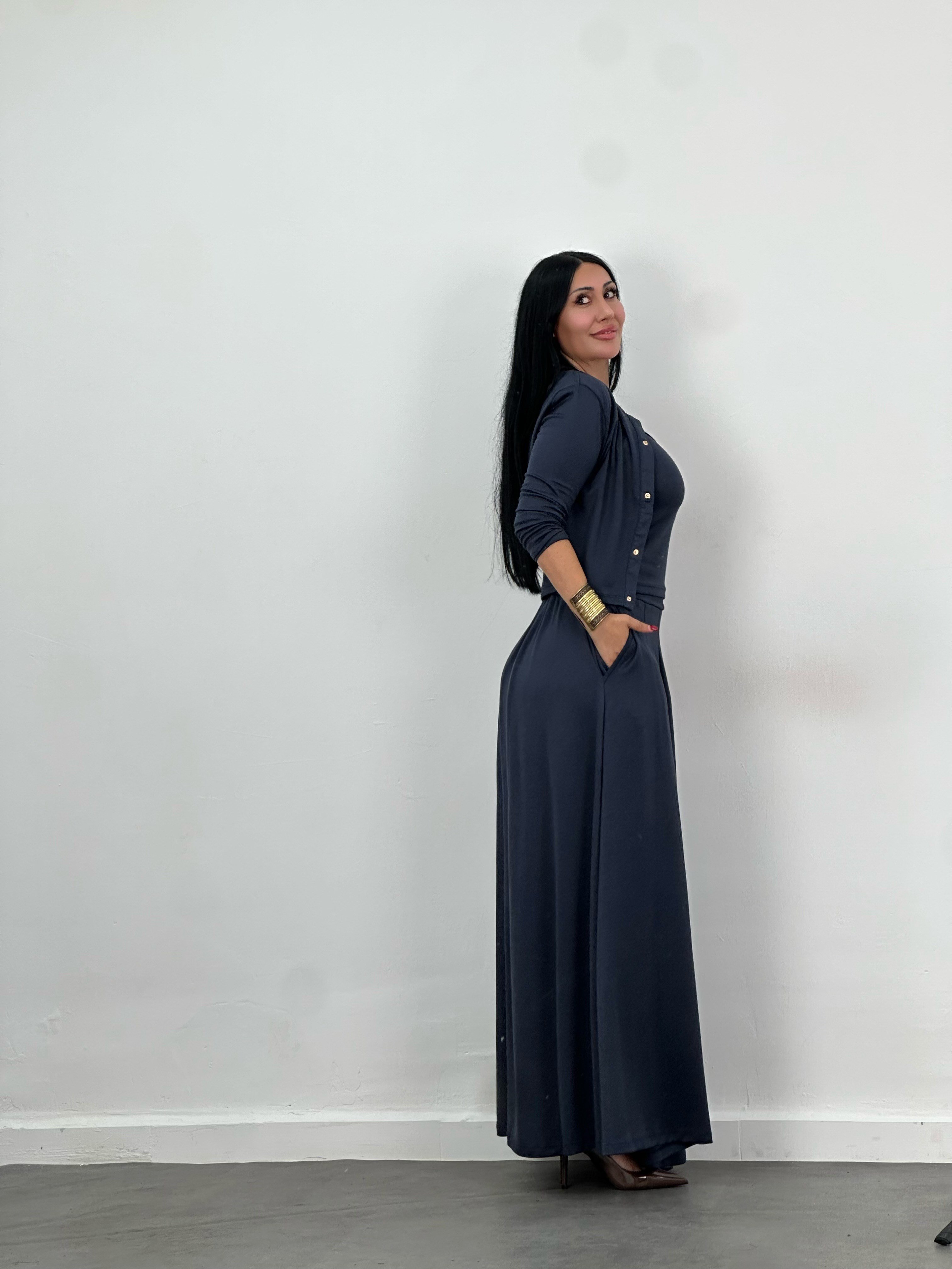 Hırka, Bluz & Pileli Maxi Etek 3'lü Takım