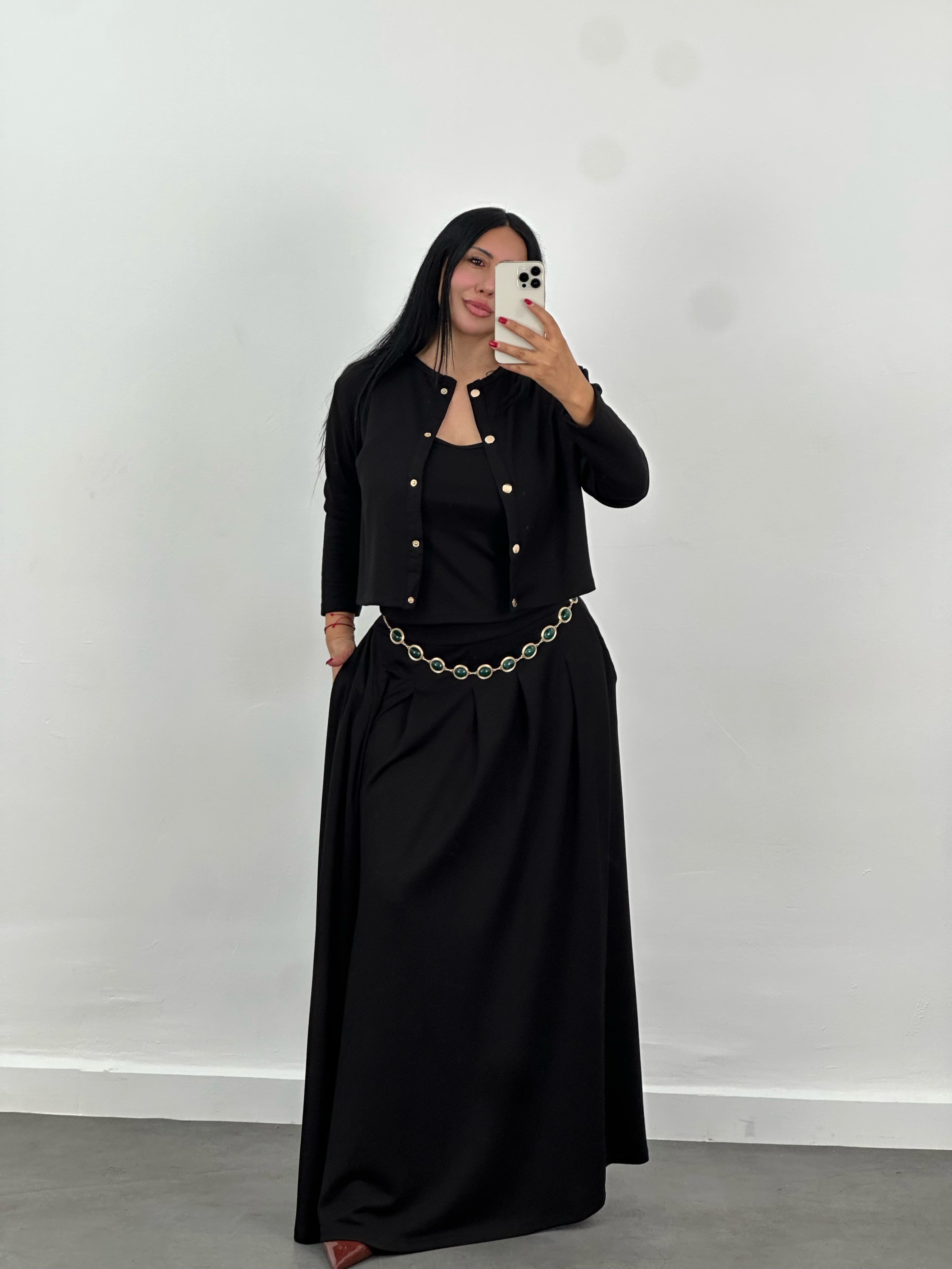 Hırka, Bluz & Pileli Maxi Etek 3'lü Takım