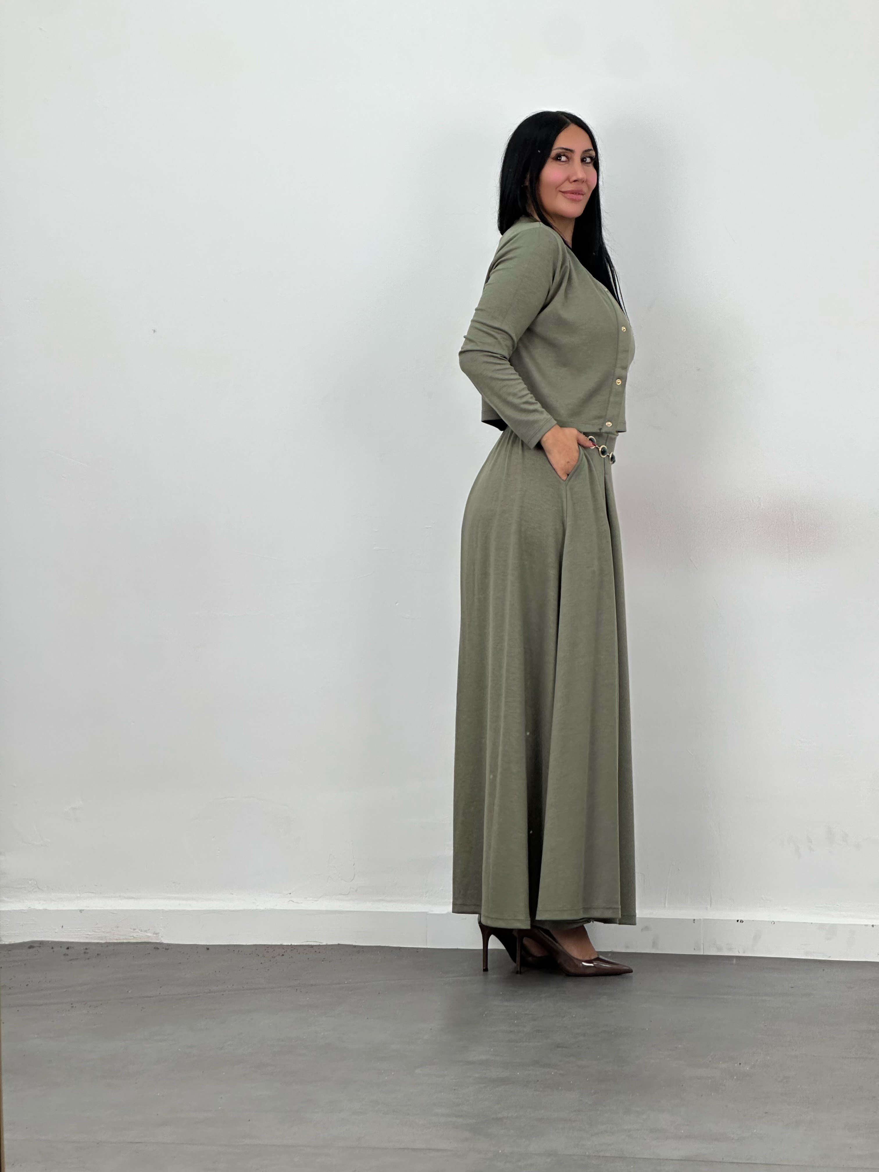 Hırka, Bluz & Pileli Maxi Etek 3'lü Takım