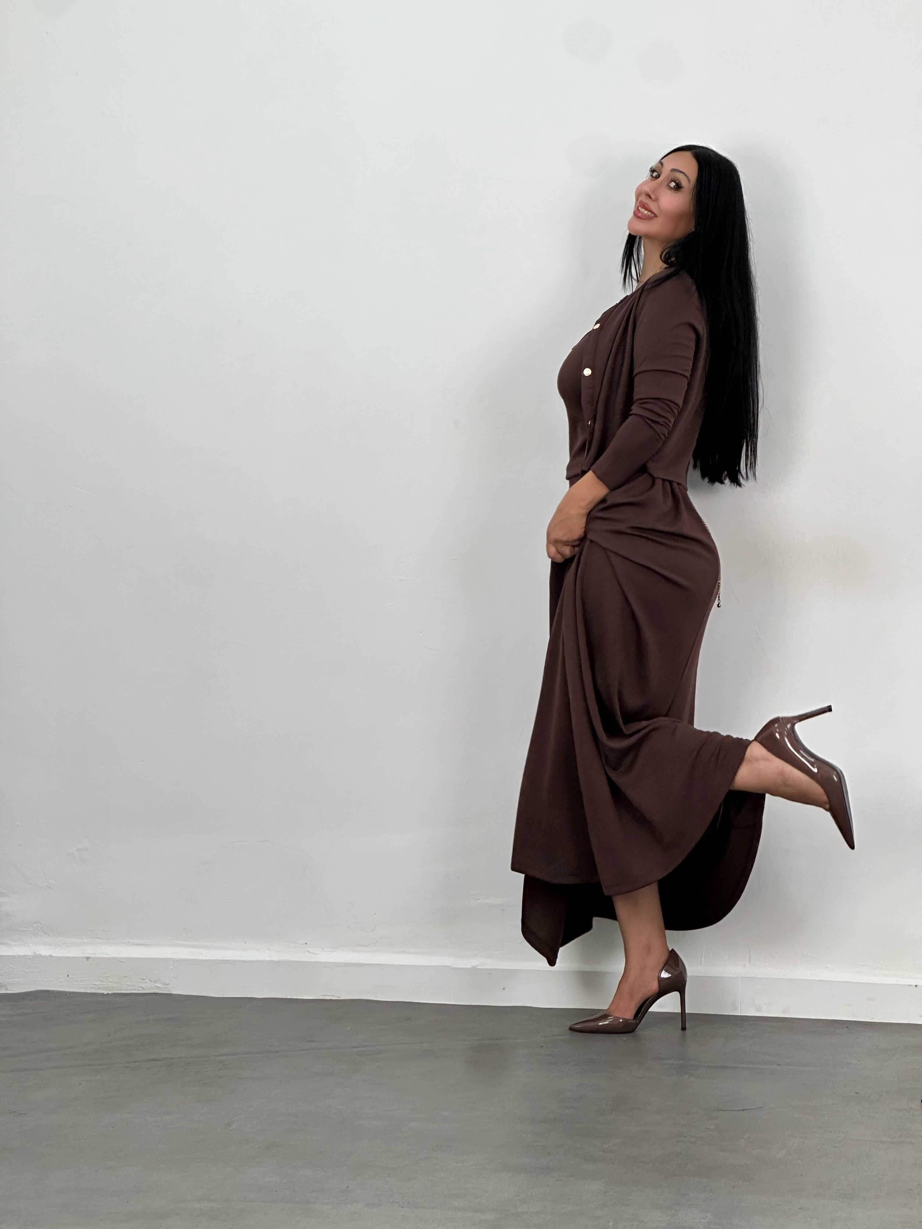Hırka, Bluz & Pileli Maxi Etek 3'lü Takım
