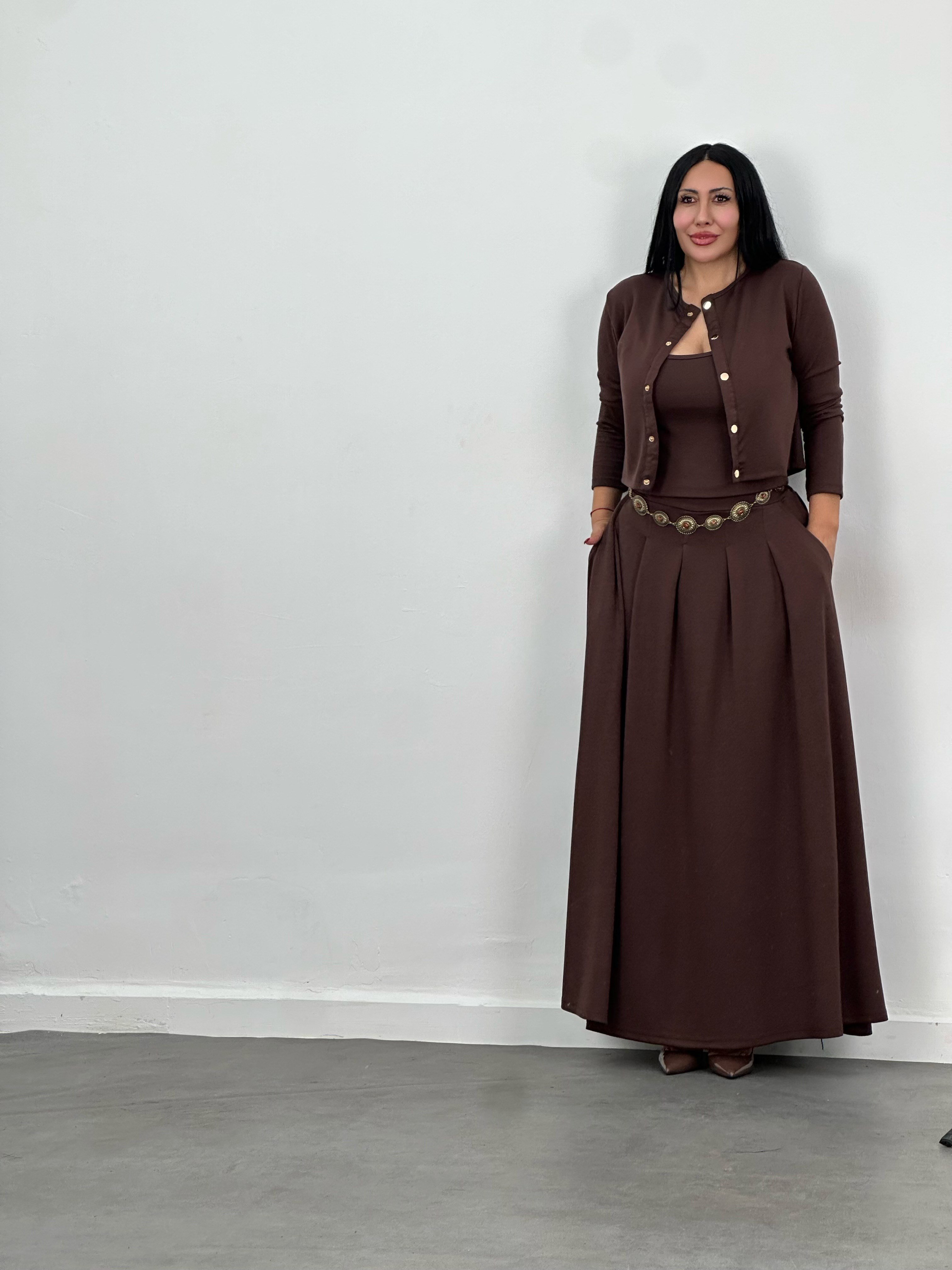 Hırka, Bluz & Pileli Maxi Etek 3'lü Takım