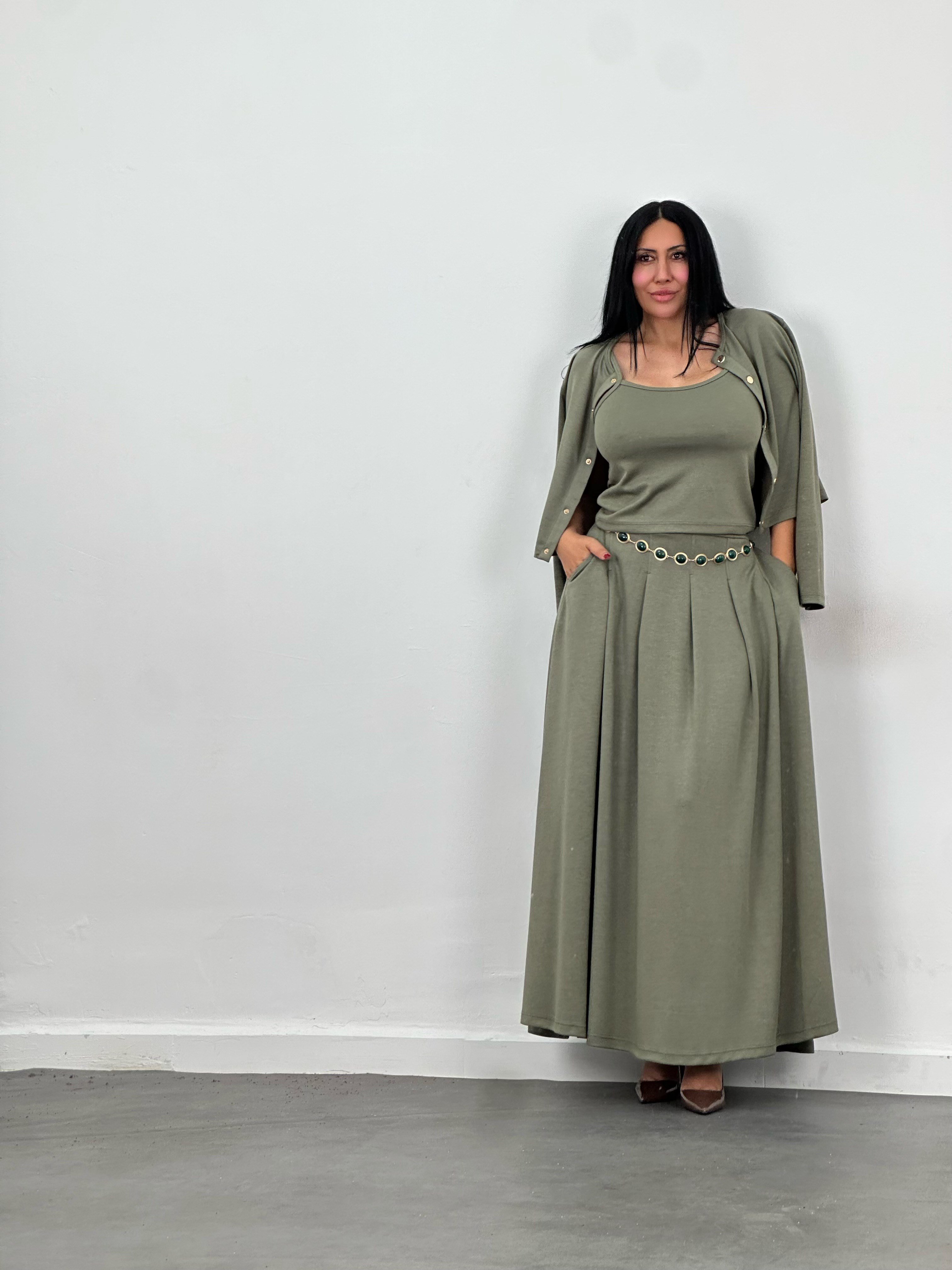 Hırka, Bluz & Pileli Maxi Etek 3'lü Takım