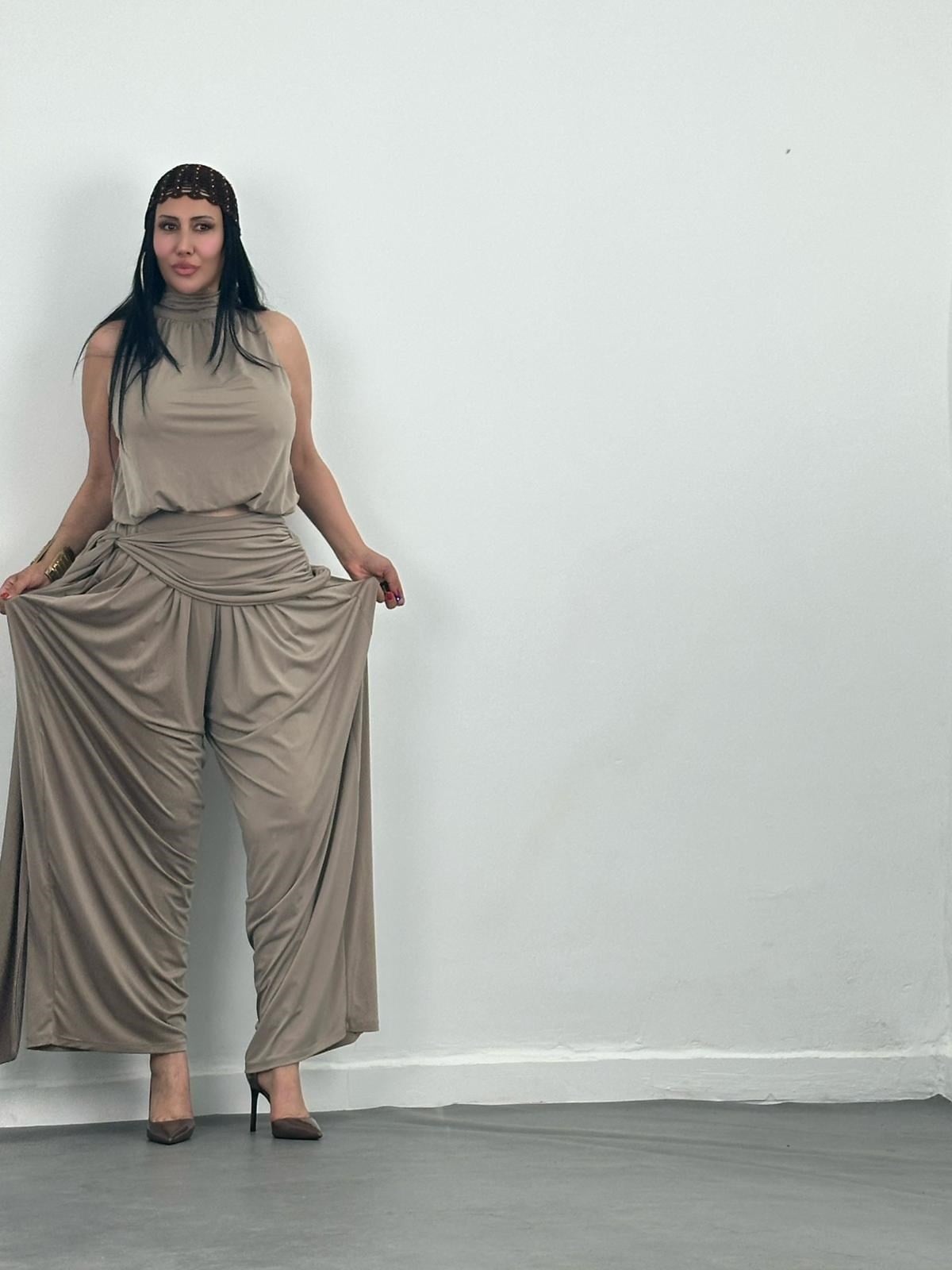 Şal Detaylı Bluz Pantolon Takım