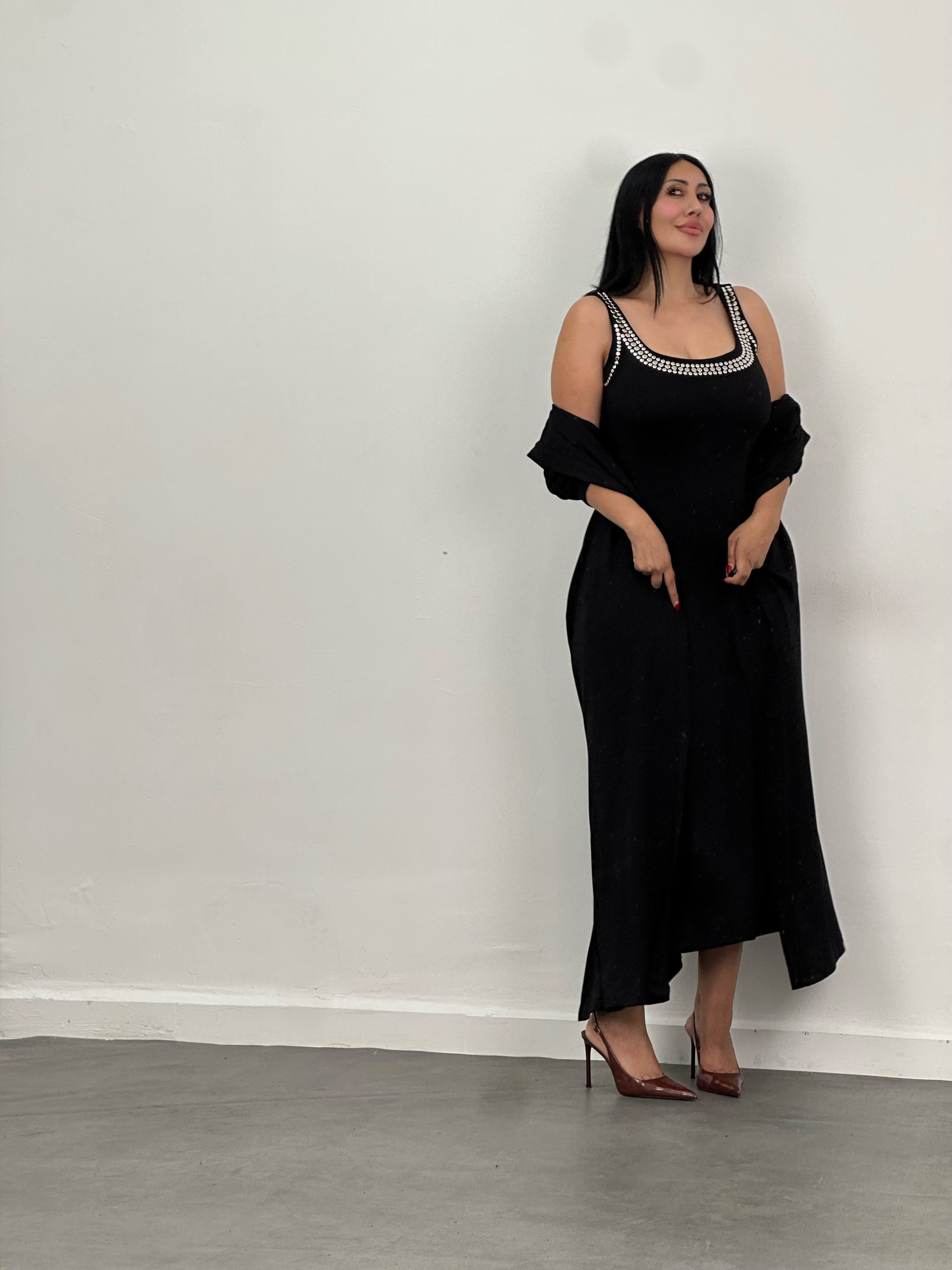 Siyah Drop Taşlı Hırkalı Elbise Takım