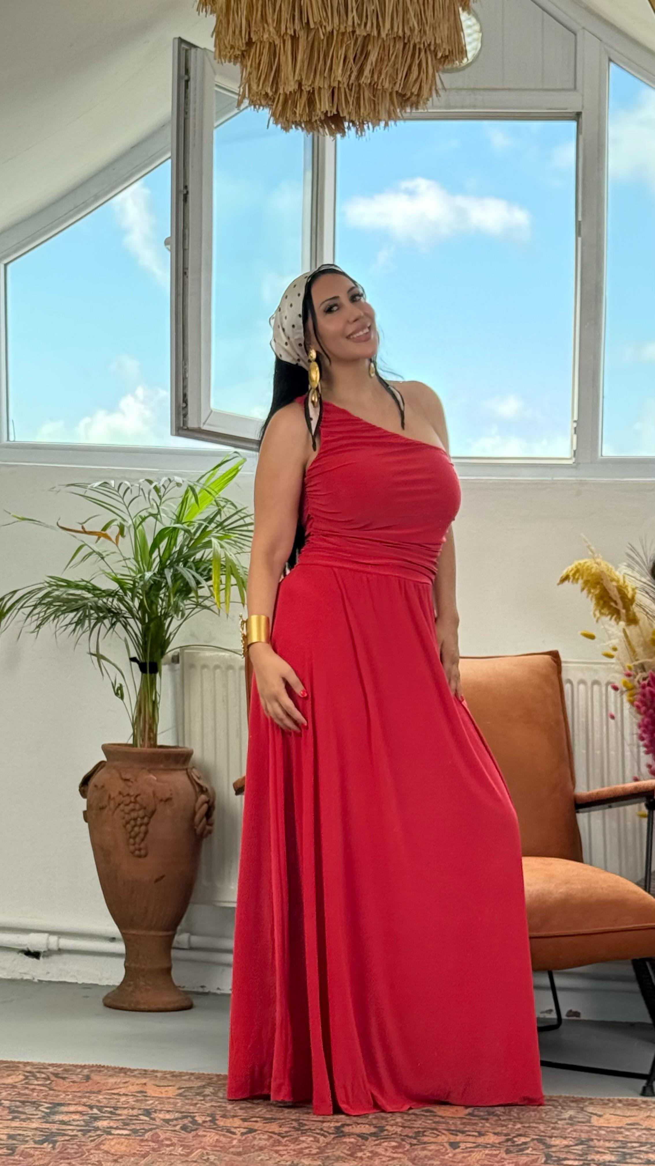 Tek Omuz Drapeli Maxi Elbise – Nar Çiçeği & Siyah