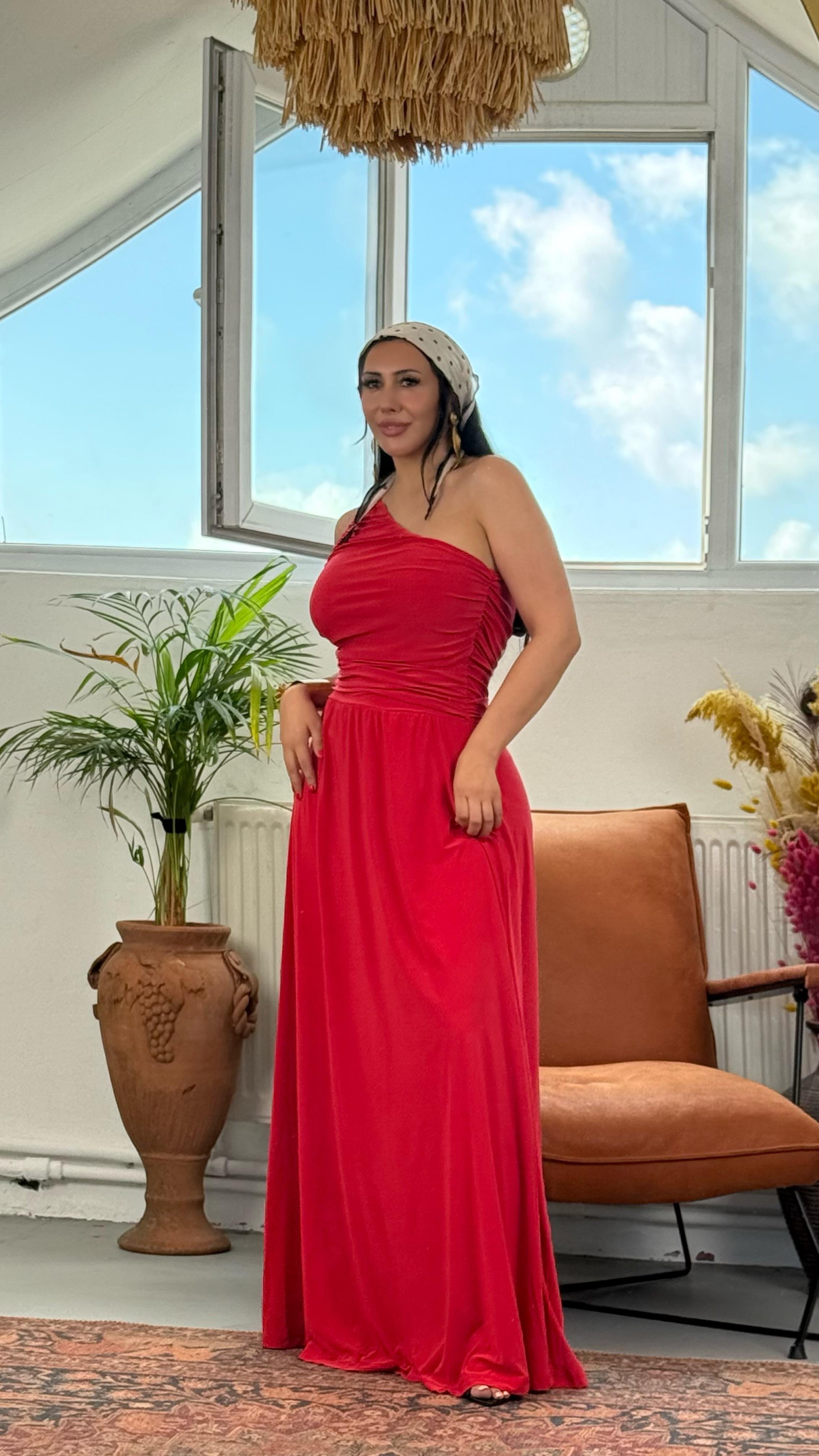 Tek Omuz Drapeli Maxi Elbise – Nar Çiçeği & Siyah