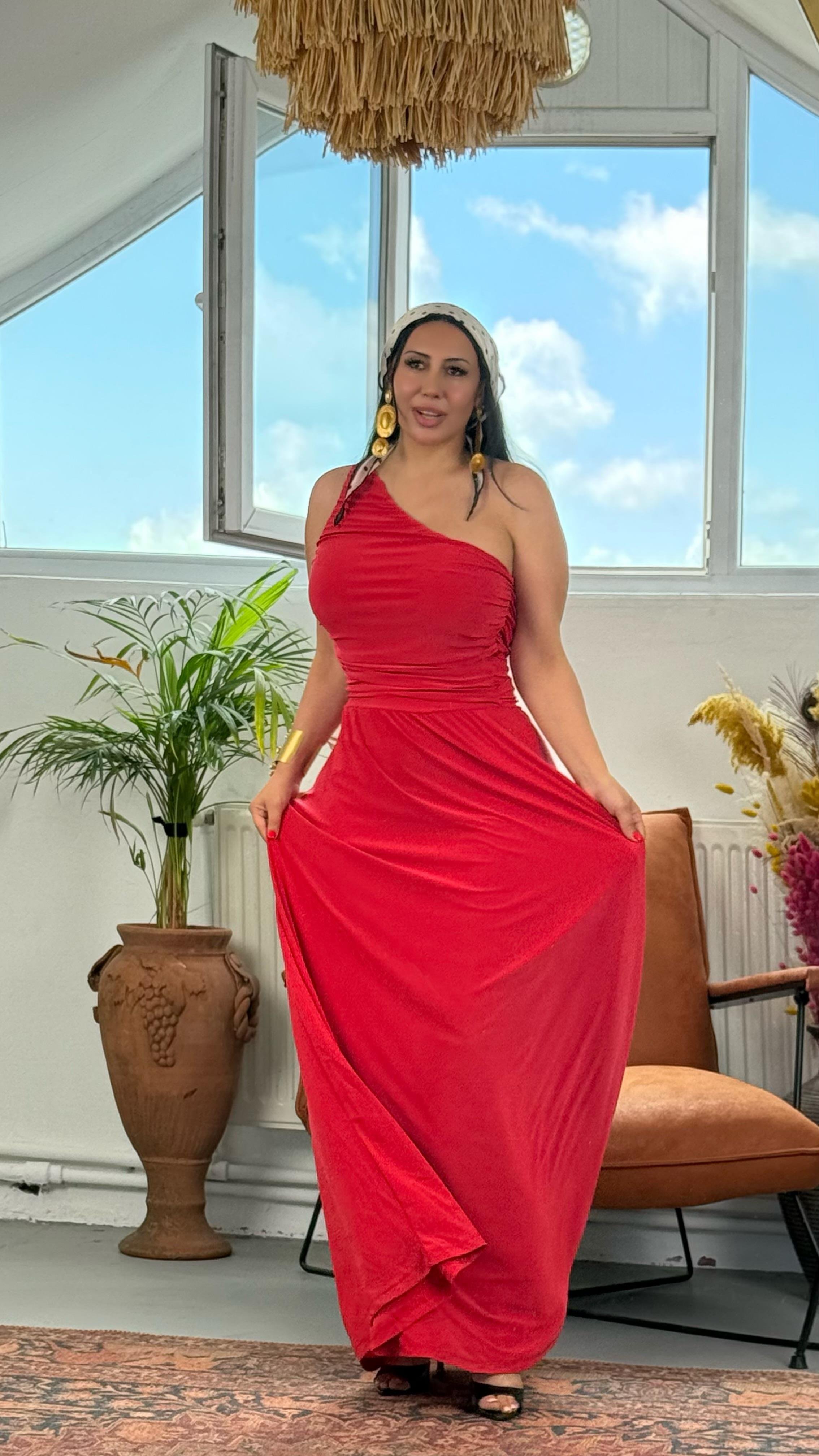 Tek Omuz Drapeli Maxi Elbise – Nar Çiçeği & Siyah