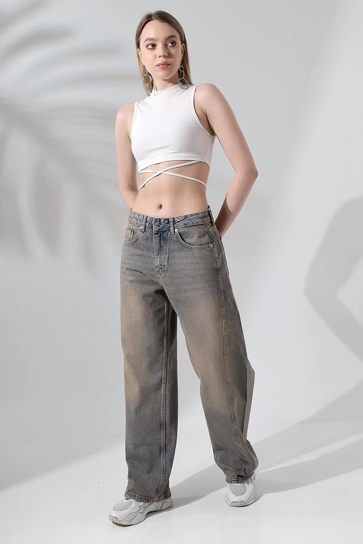 BEJ ESKİTMELİ DİKİŞ DETAYLI BAGGY JEAN
