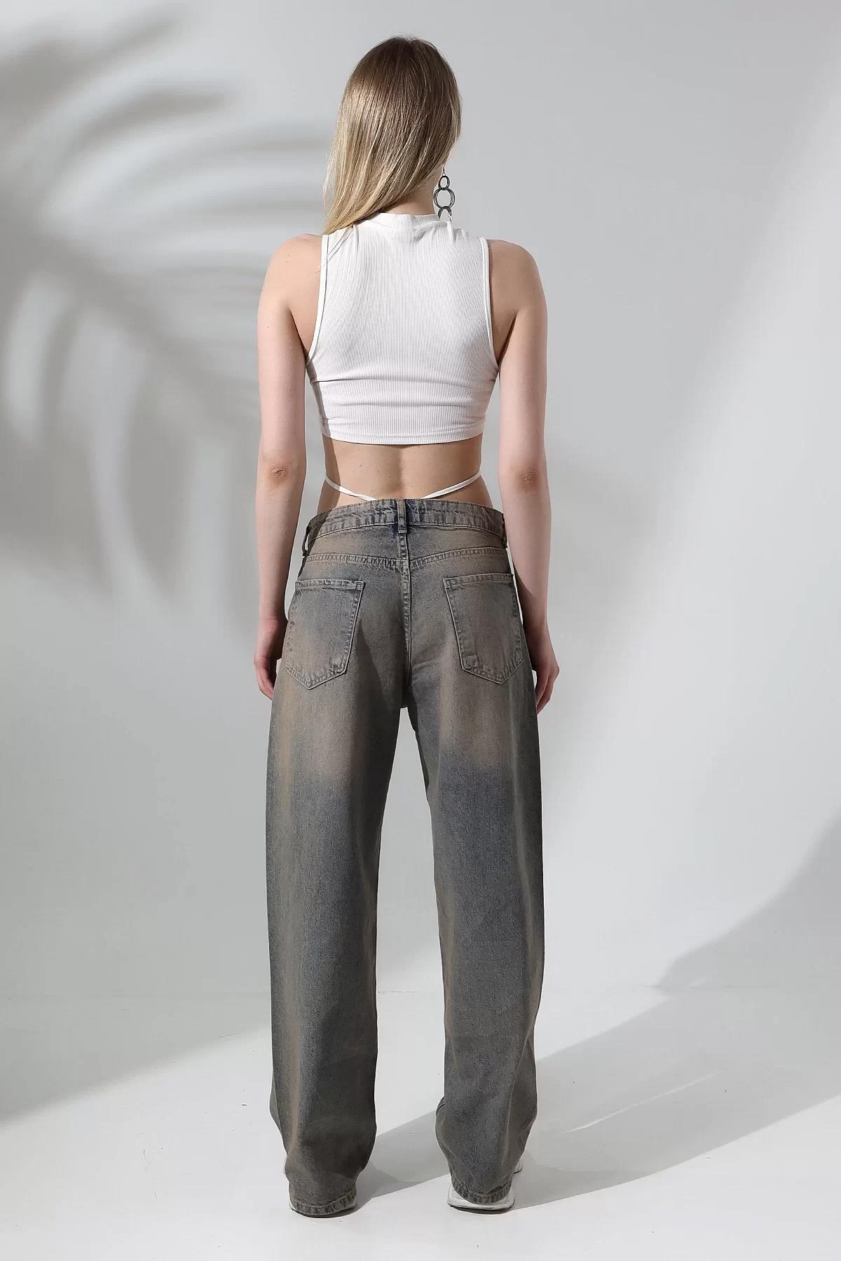 BEJ ESKİTMELİ DİKİŞ DETAYLI BAGGY JEAN