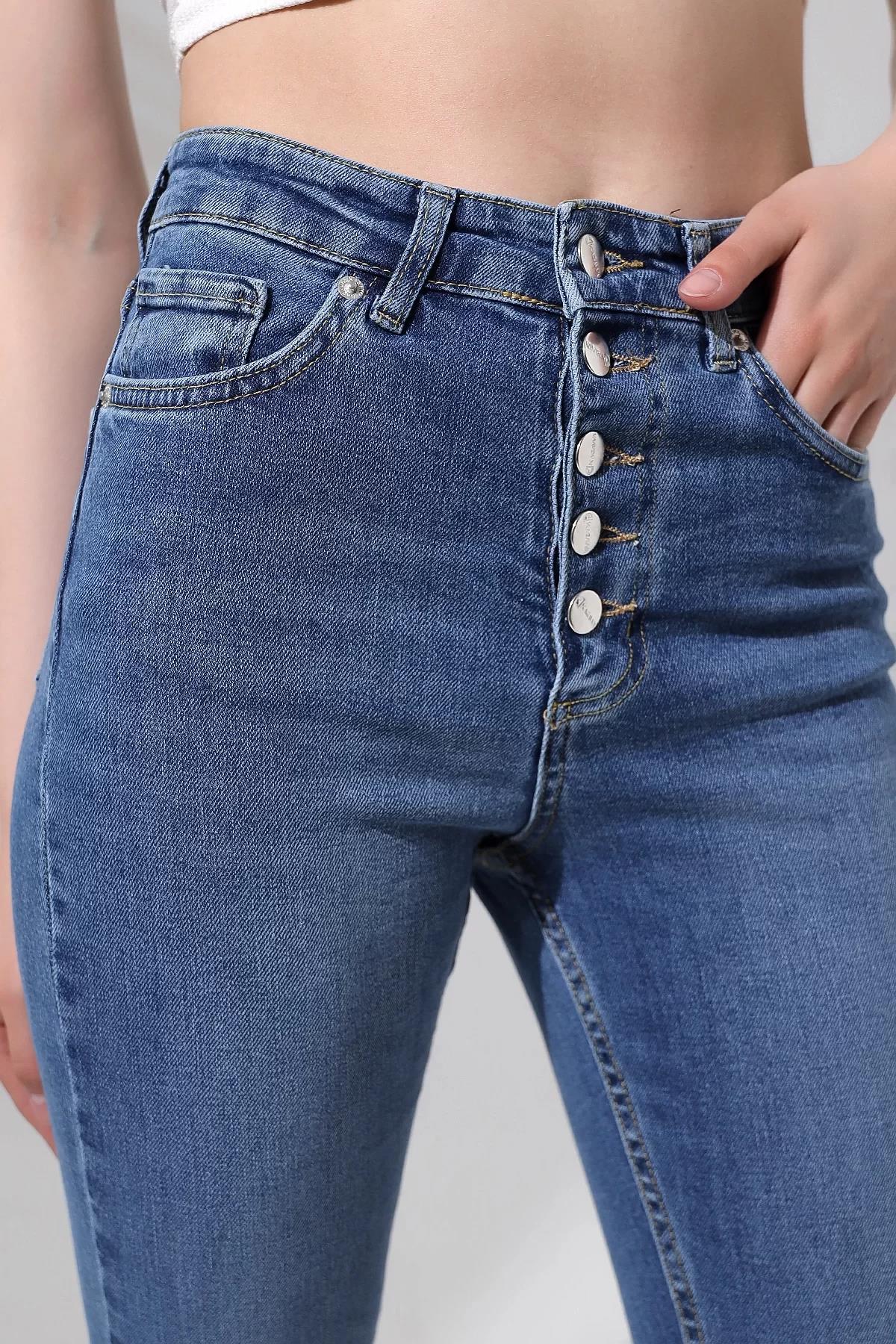 Kadın Yüksek Bel Düğme Detaylı İspanyol Pantolon