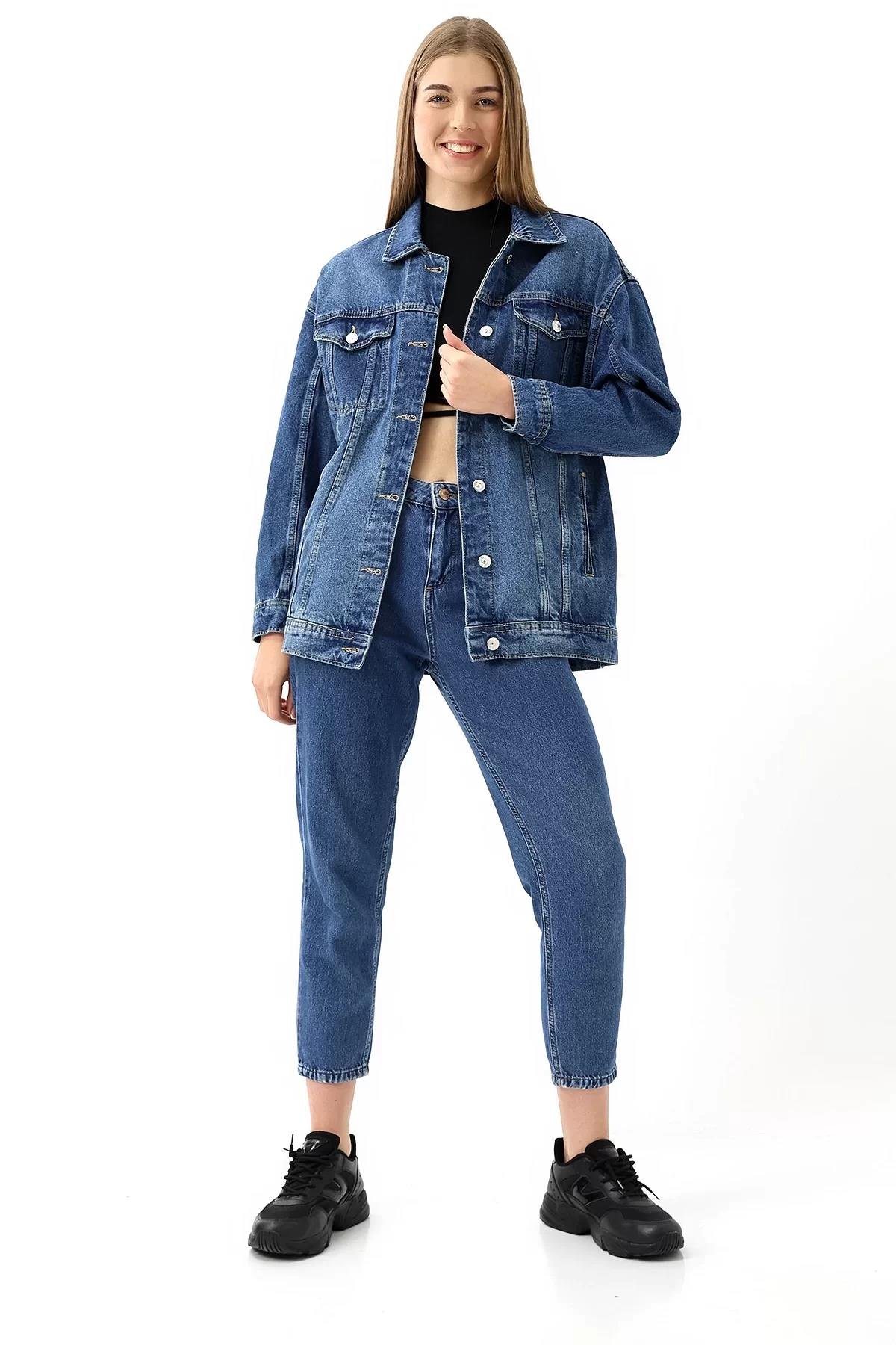 Mavi Yıkamalı Oversize Denim Ceket