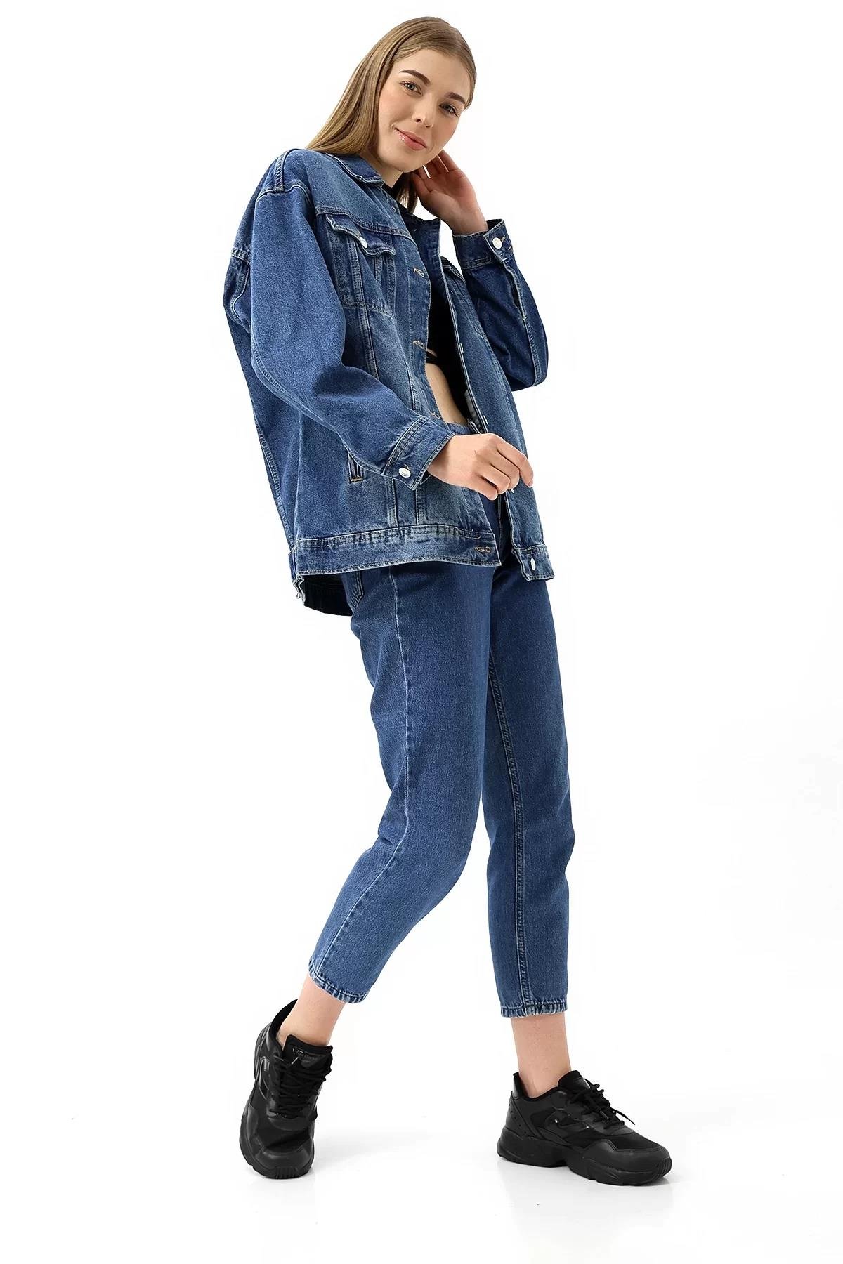 Mavi Yıkamalı Oversize Denim Ceket
