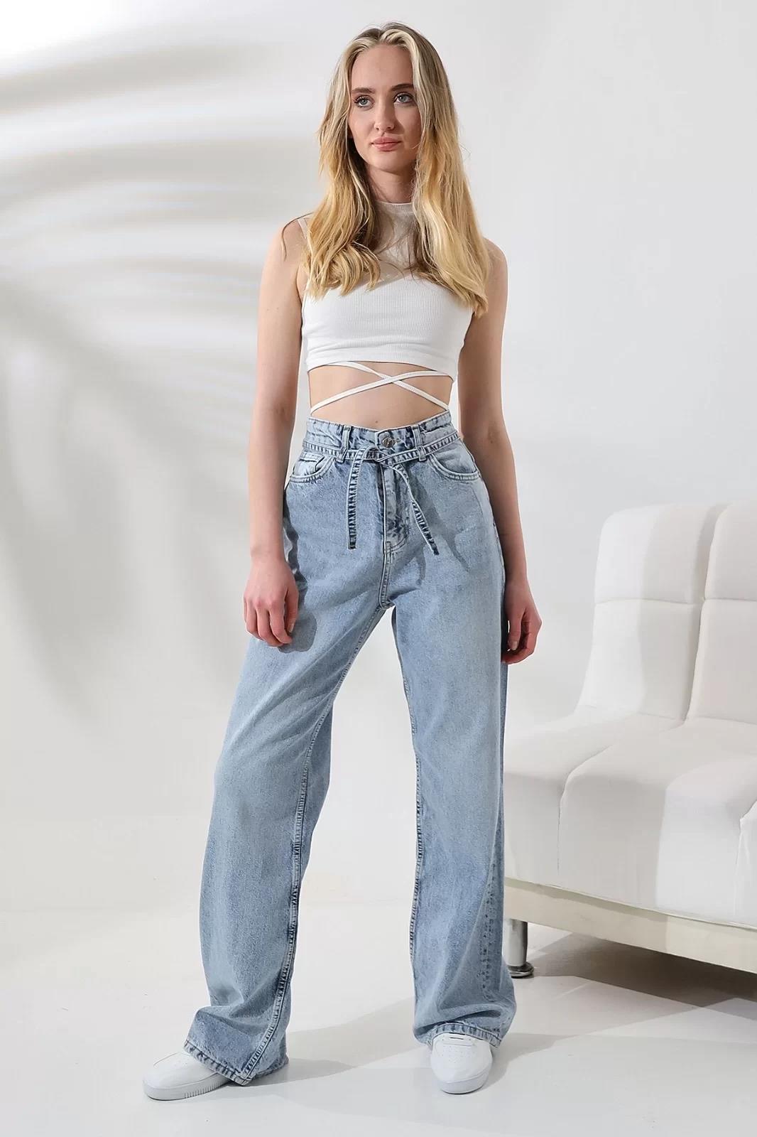 MAVİ YÜKSEK BEL KEMER DETAYLI STRAIGHT FIT PANTOLON