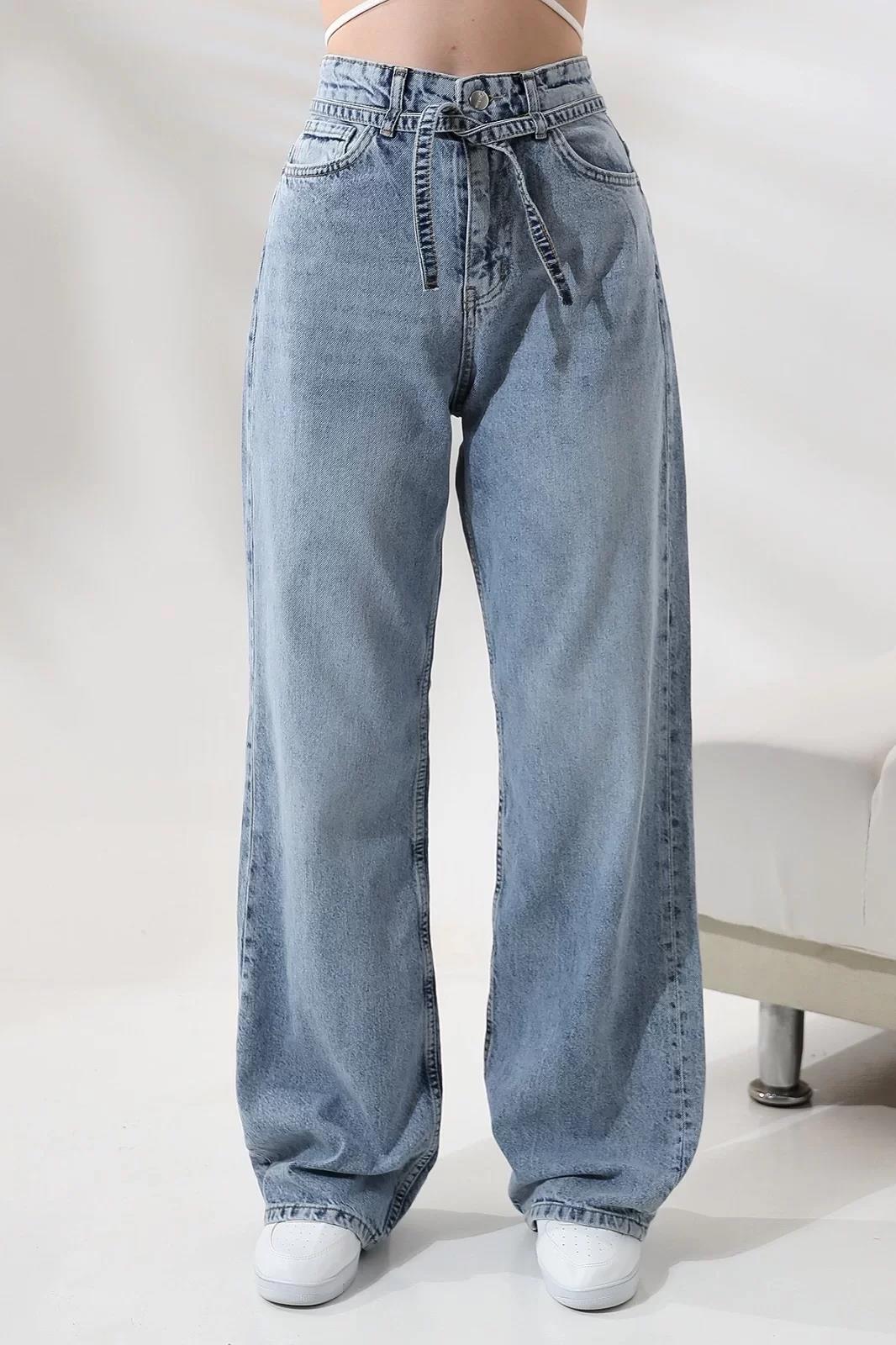MAVİ YÜKSEK BEL KEMER DETAYLI STRAIGHT FIT PANTOLON