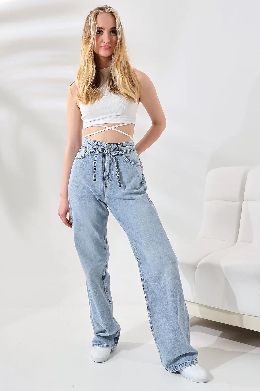 MAVİ YÜKSEK BEL KEMER DETAYLI STRAIGHT FIT PANTOLON