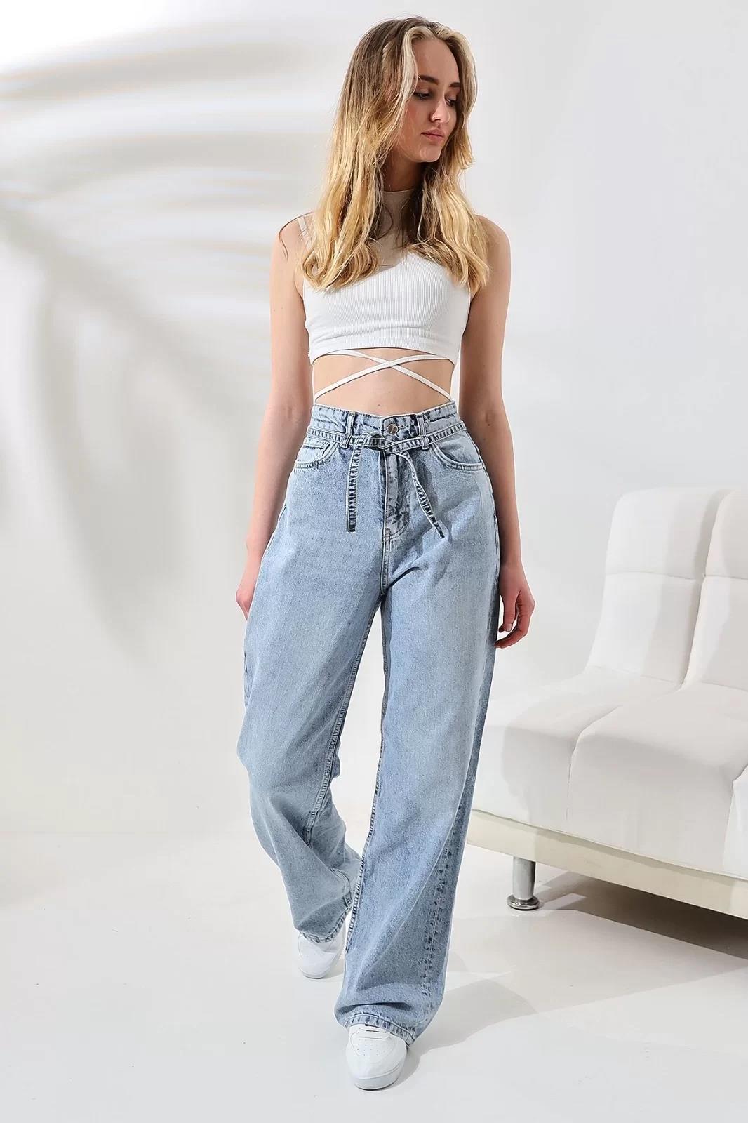 MAVİ YÜKSEK BEL KEMER DETAYLI STRAIGHT FIT PANTOLON
