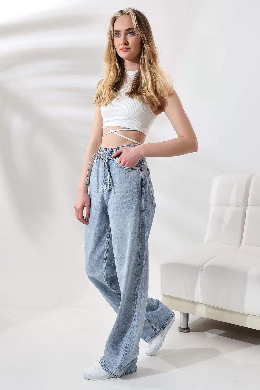 MAVİ YÜKSEK BEL KEMER DETAYLI STRAIGHT FIT PANTOLON