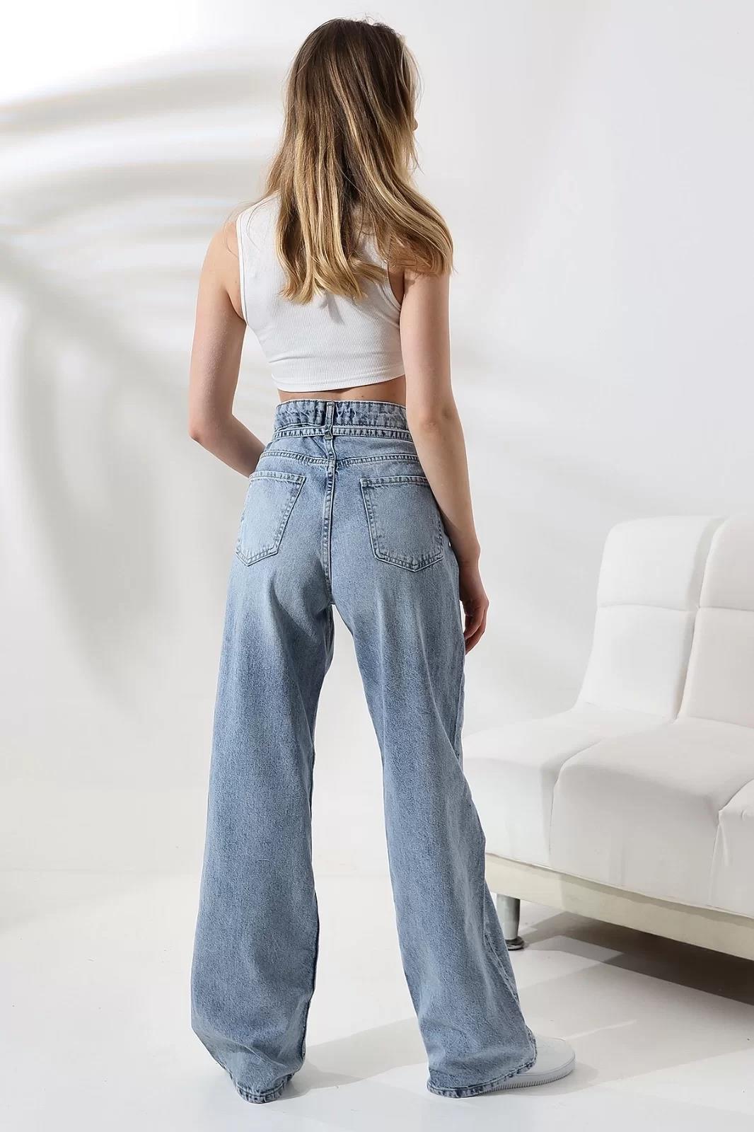 MAVİ YÜKSEK BEL KEMER DETAYLI STRAIGHT FIT PANTOLON